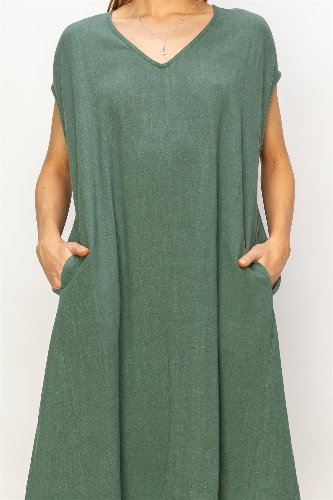 Wholesale V-Neck Oversized Linen Midi Dress Dresses DZ23E033-D GRAY GREEN DOUBLE ZERO