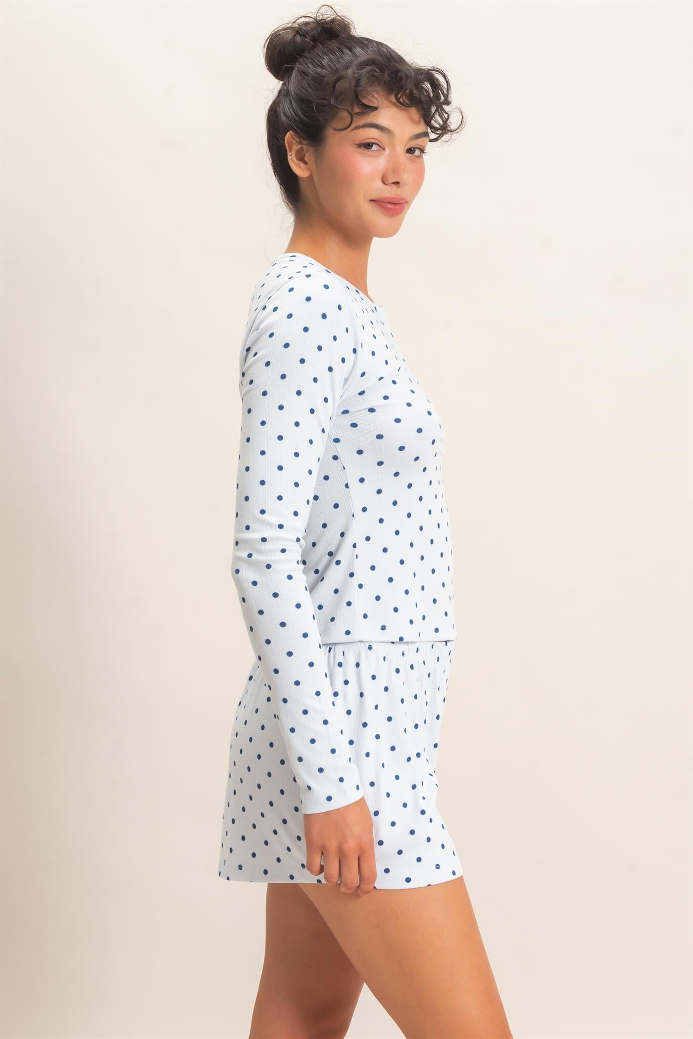 Wholesale Polka Dot Henley Long Sleeve Top & Shorts Set Clothing DZ27A154-SET LIGHT BLUE DOUBLE ZERO