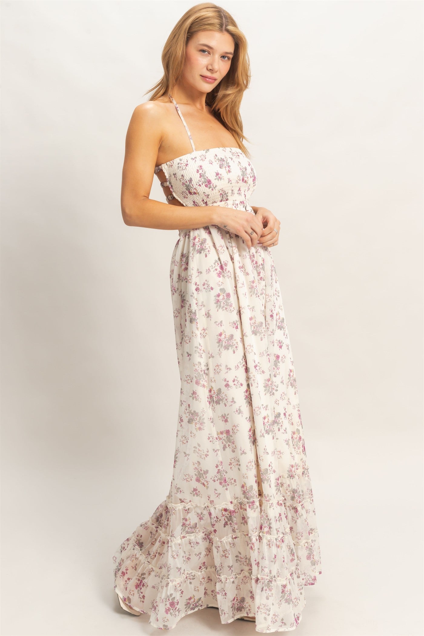 Wholesale Smocked Floral Maxi Dress Dresses HF26E648 ROSE WINE HYFVE