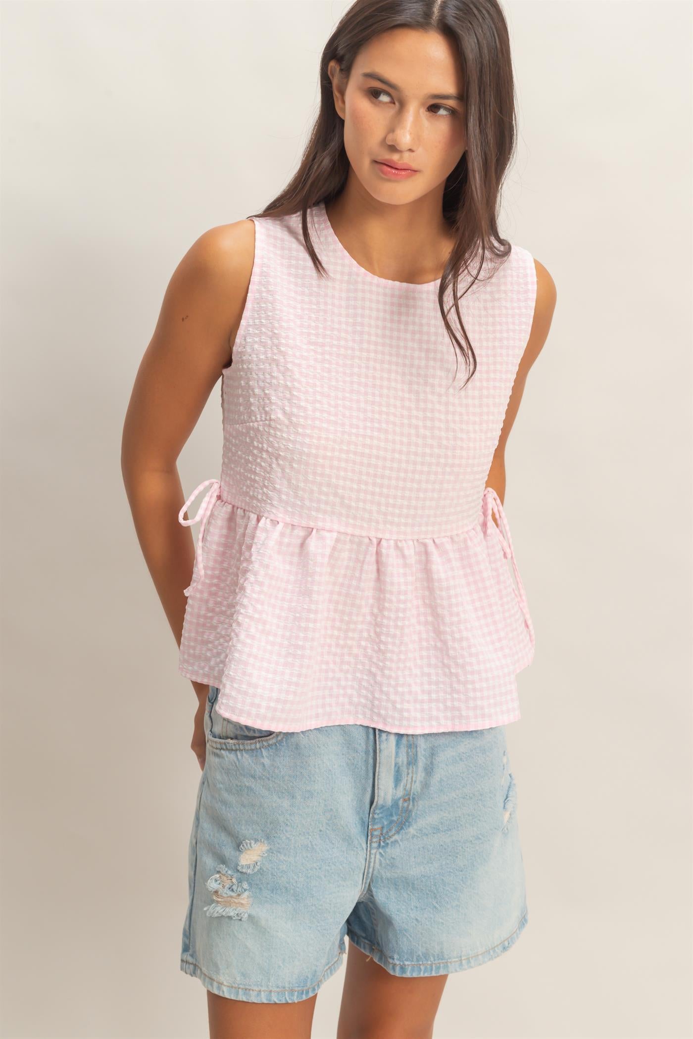 Wholesale Gingham Sleeveless Peplum Top With Side Ties Blouses DZ26C073 PINK HYFVE