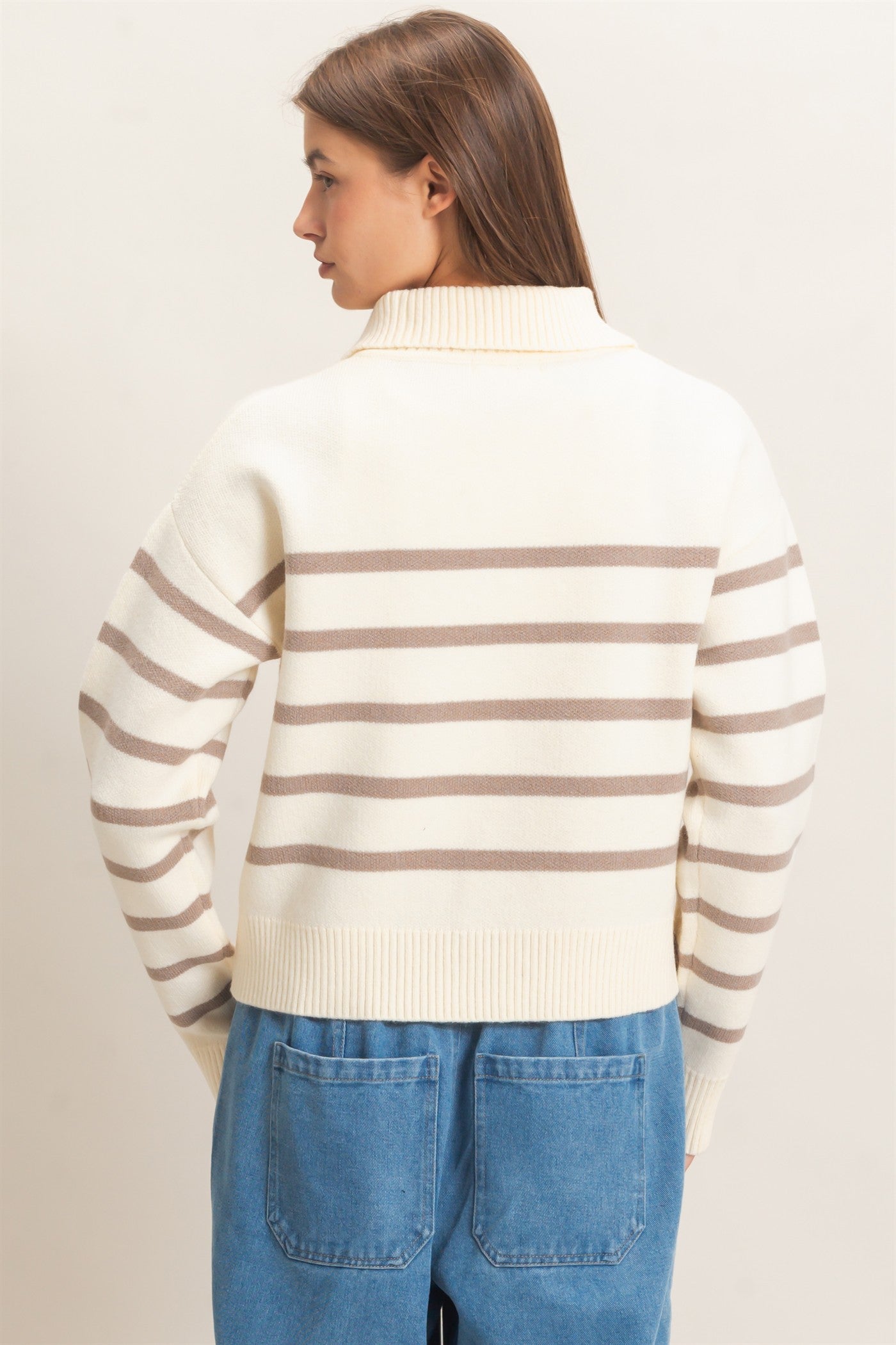 Wholesale Half-Zip Collared Stripe Sweater Sweaters DZ26E950 TAUPE DOUBLE ZERO