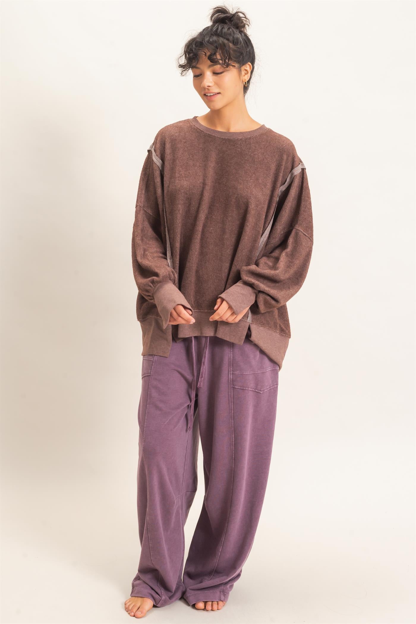 Wholesale Oversized Raw Edge Crew Neck Sweatshirt Sweatshirts DZ26E273 DARK BROWN DOUBLE ZERO