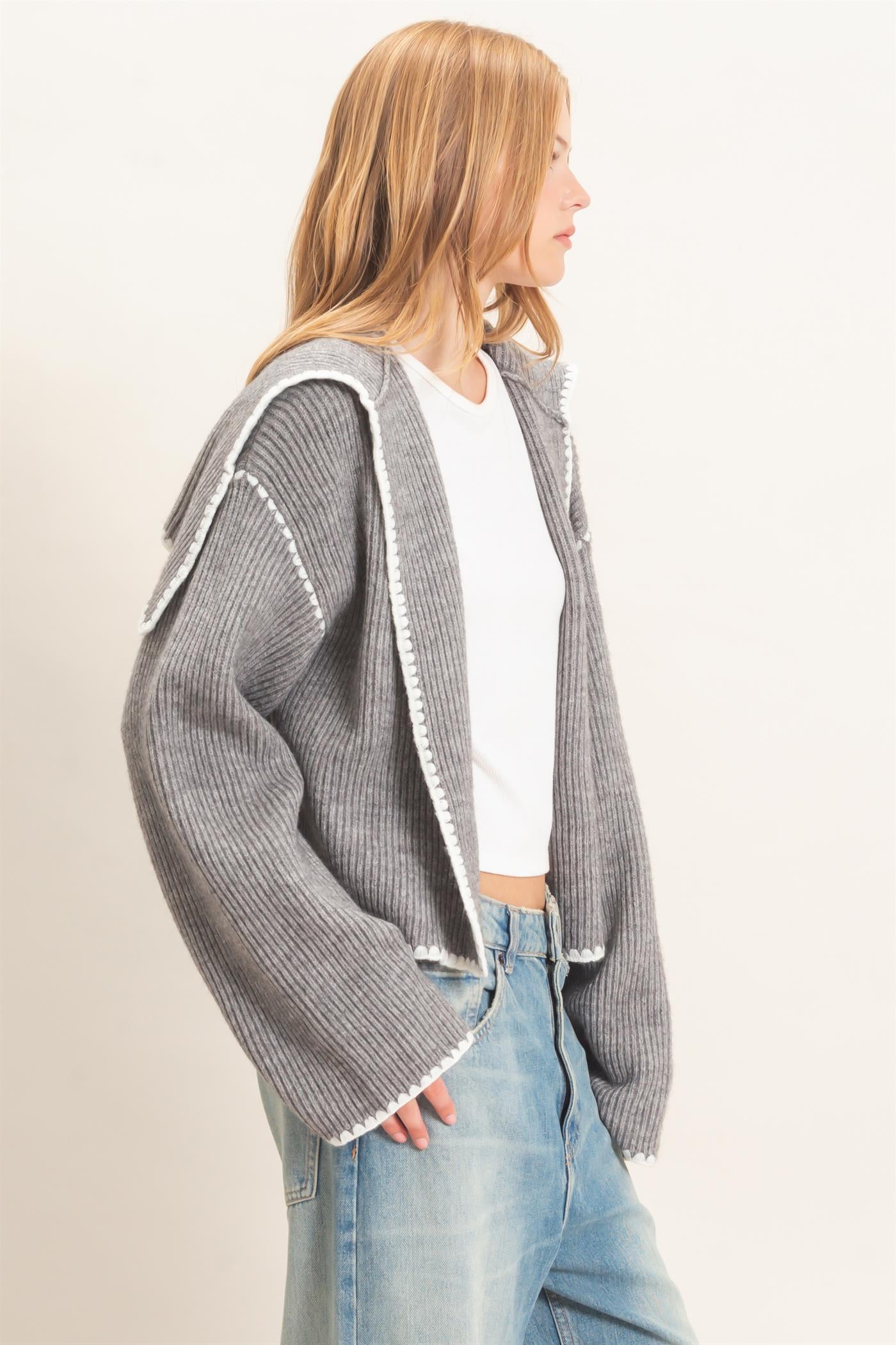 Wholesale Collared Cardigan Sweater With Picot Trim Cardigans HF26E897 GRAY HYFVE