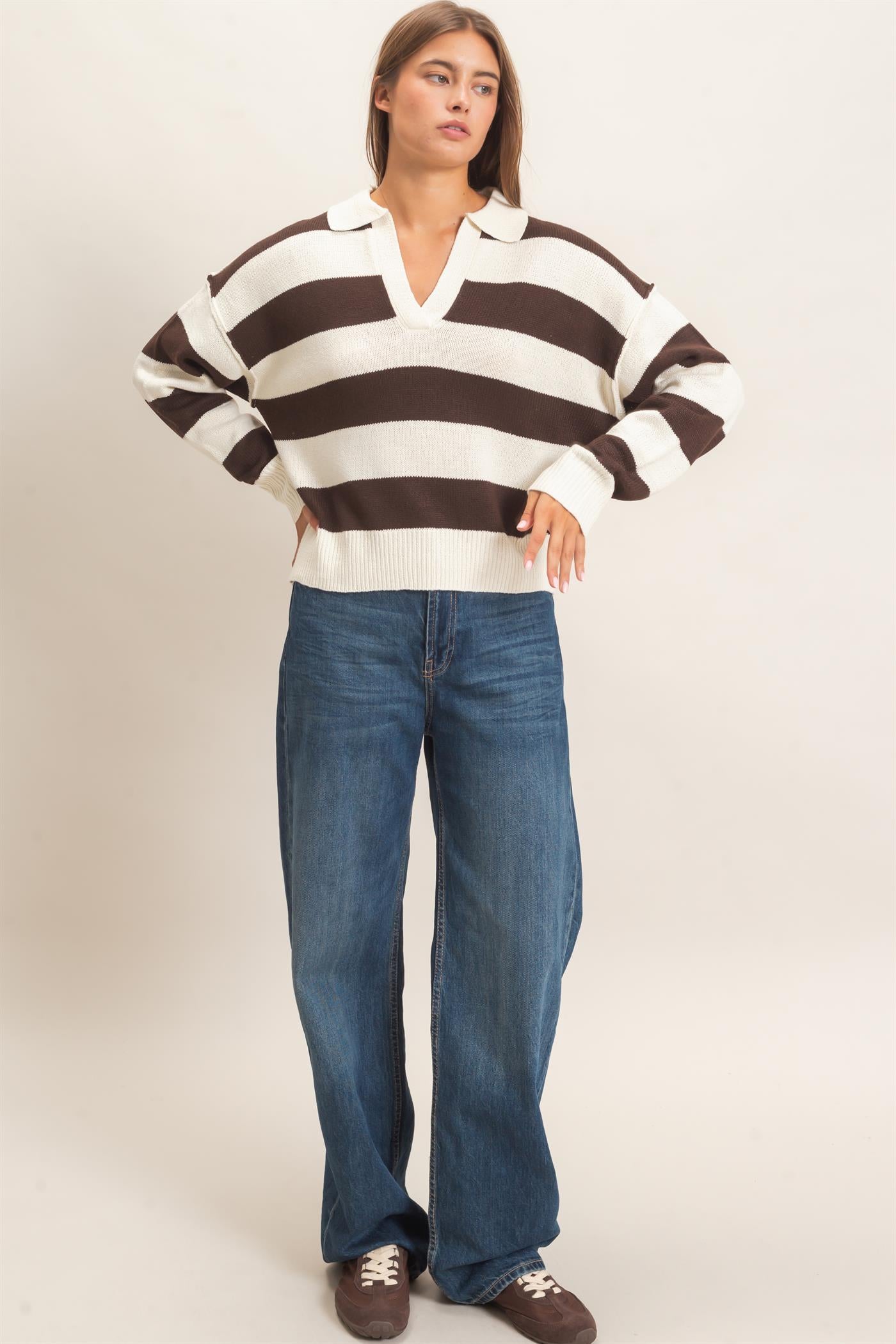 Wholesale Rugby Stripe Polo Sweater Sweaters DZ26E297 DARK BROWN DOUBLE ZERO