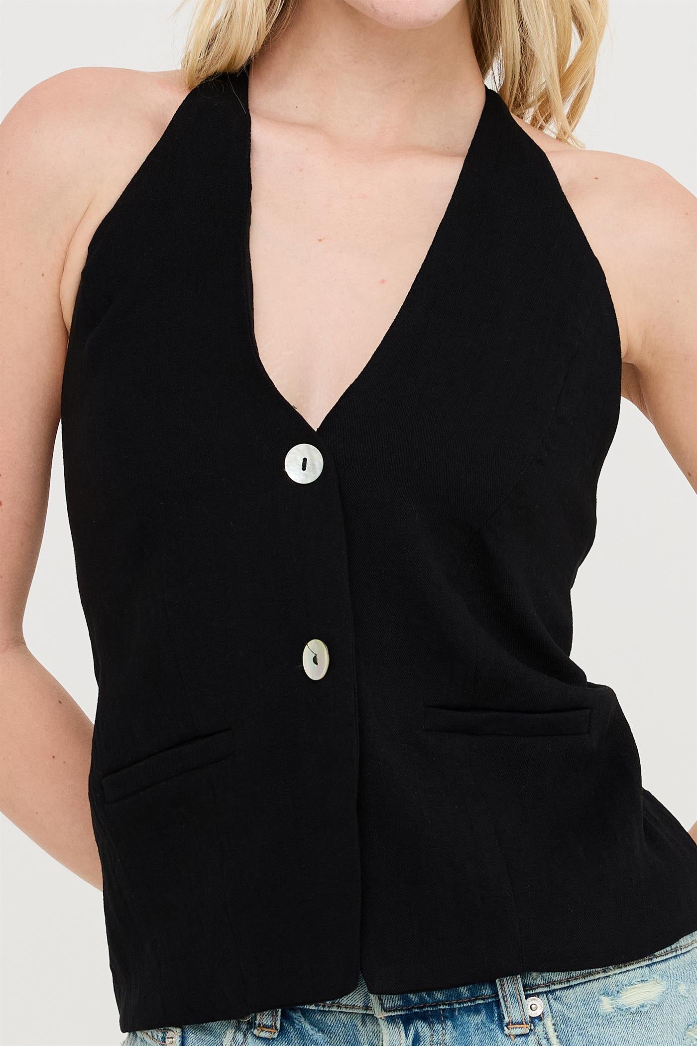 Wholesale Button Front Halter Top Clothing Tops HF26C130 BLACK HYFVE