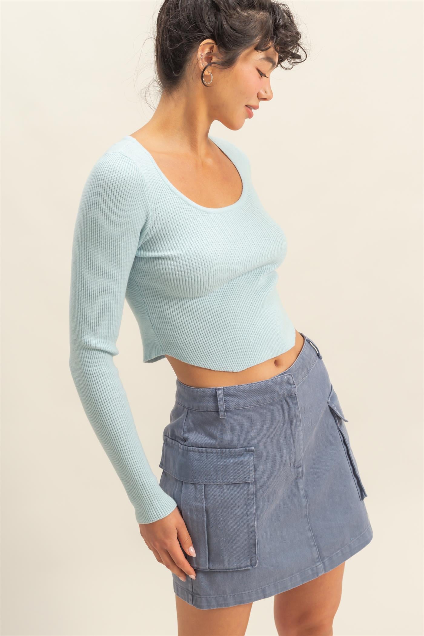 Wholesale Scoop Neck Long Sleeve Fitted Knit Top Clothing Tops DZ25E353 ICE BLUE DOUBLE ZERO