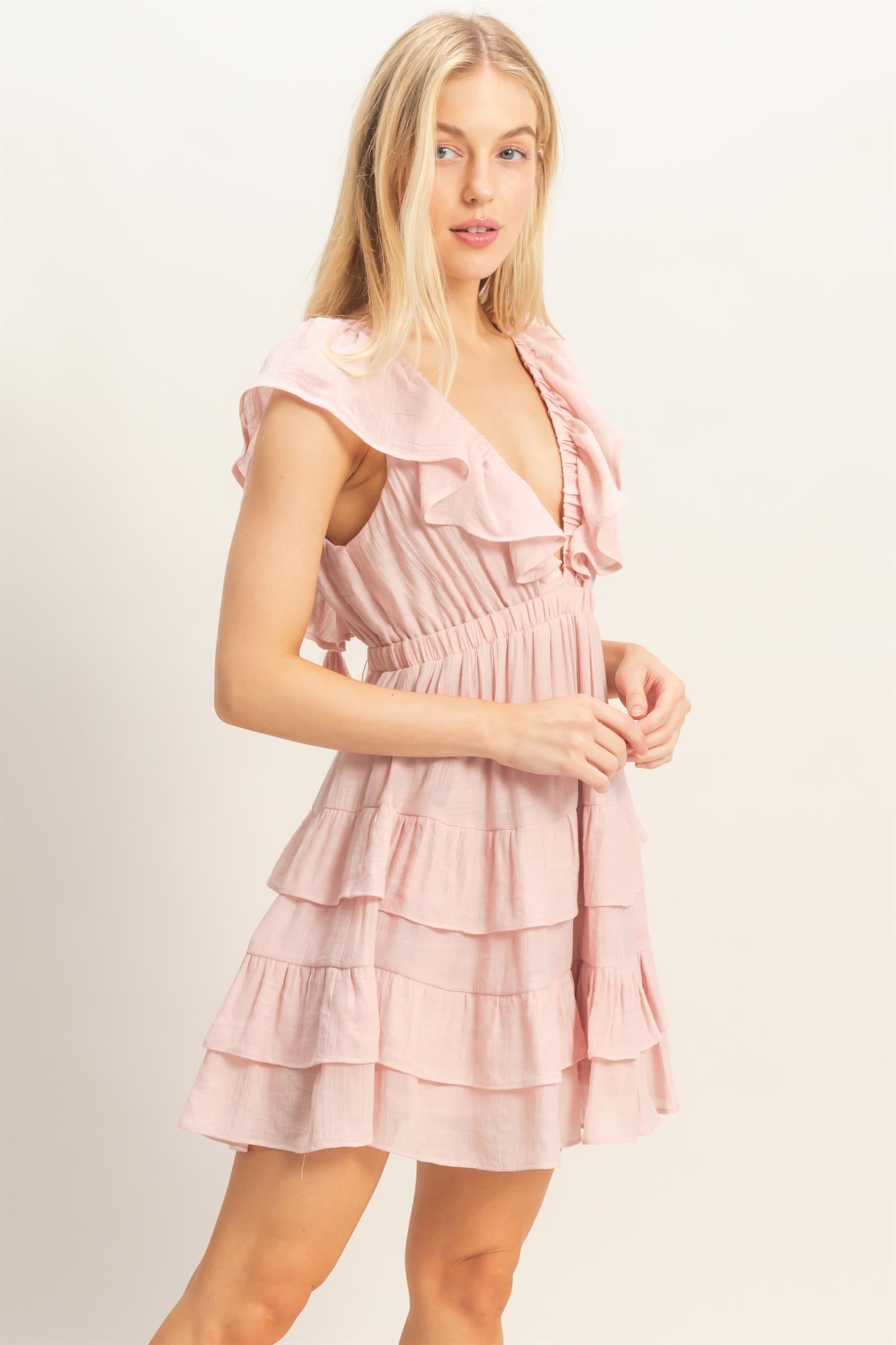 Wholesale Ruffle V-Neck Tiered Mini Dress Dresses HF26C283-D BLUSH DOUBLE ZERO
