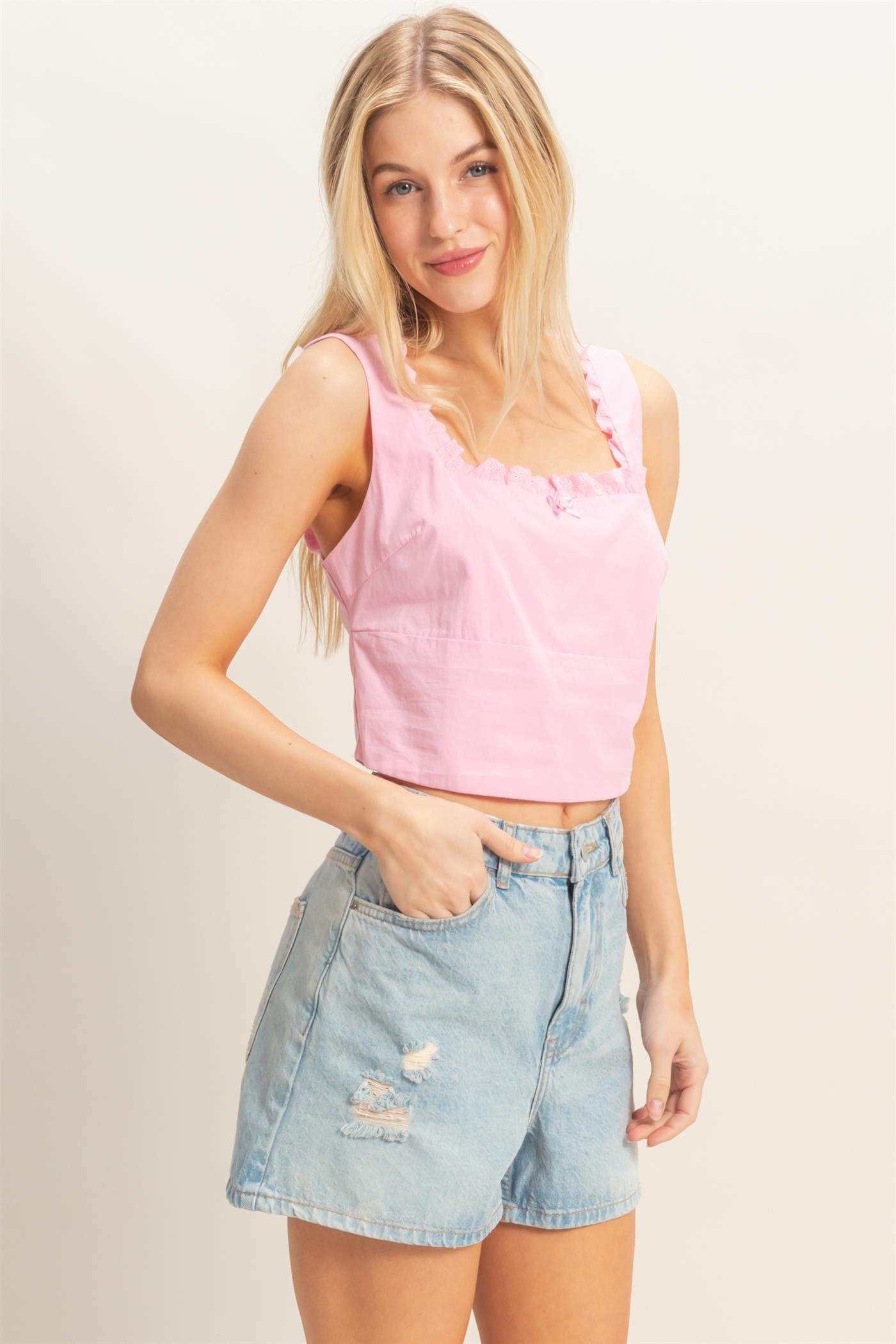 Wholesale Lace Square Neck Tank Clothing Tops HF26A008 L.PINK HYFVE