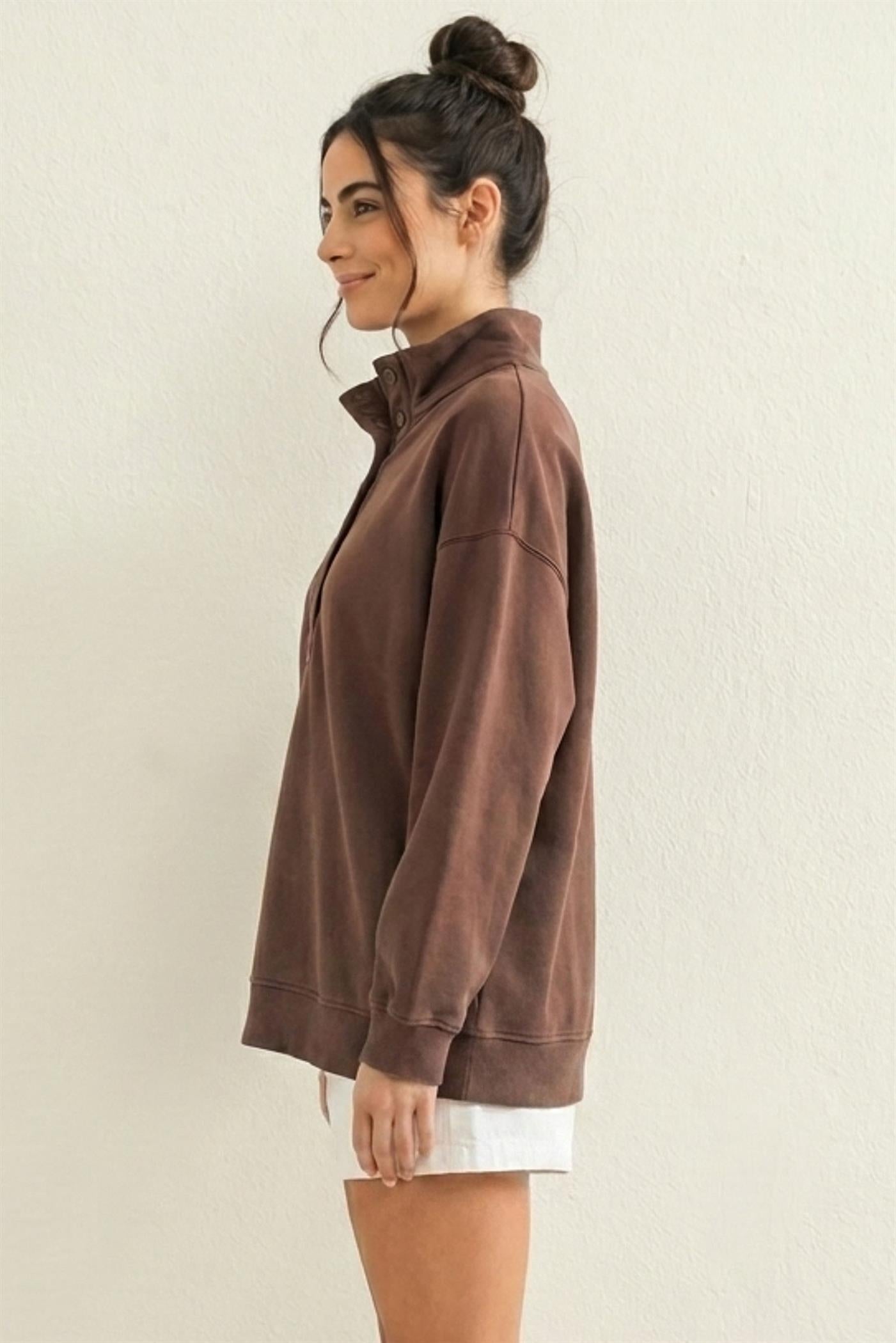 Wholesale Mineral Wash Button Front Sweatshirt Sweatshirts DZ26C909 DARK BROWN DOUBLE ZERO