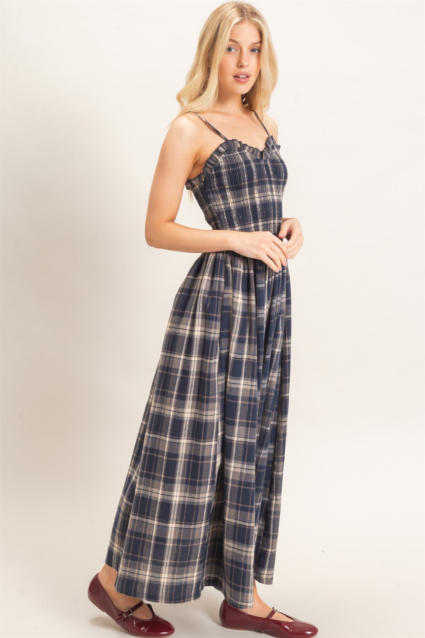 Wholesale Plaid Smocked Maxi Dress Dresses HF26C898 NAVY HYFVE