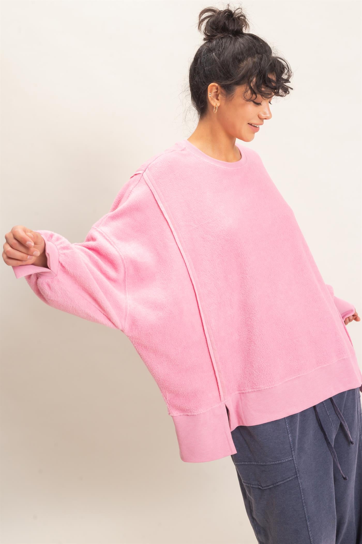 Wholesale Oversized Raw Edge Crew Neck Sweatshirt Sweatshirts DZ26E273 PINK DOUBLE ZERO