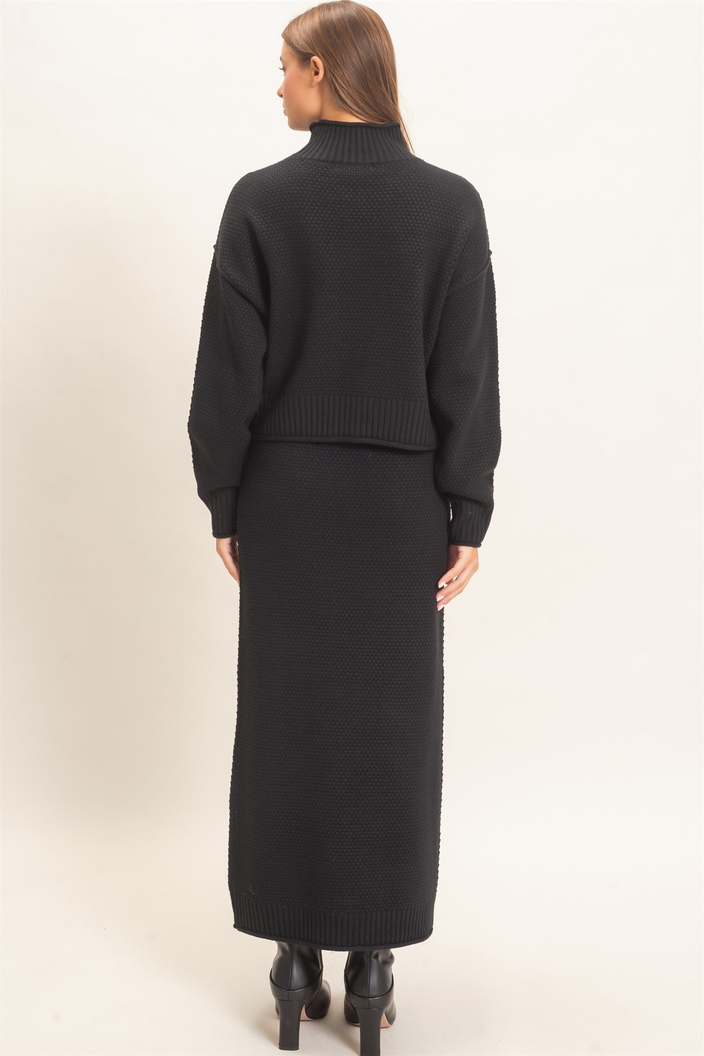 Wholesale High Neck Long Sleeve Top & Maxi Skirt Set Clothing DZ26E272-SET BLACK DOUBLE ZERO