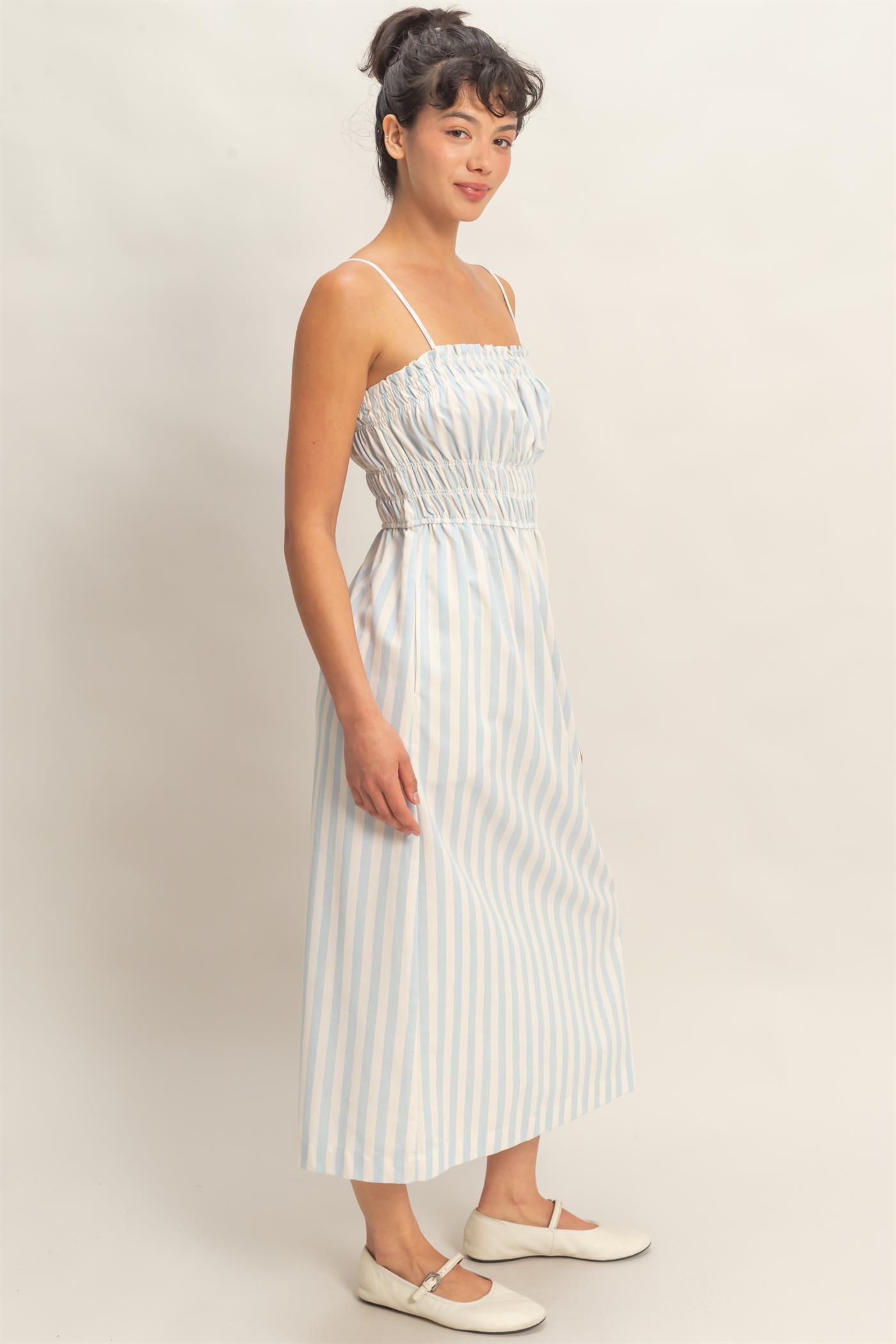 Wholesale Striped Spaghetti Strap Smocking Midi Dress Dresses DZ26C191 BLUE DOUBLE ZERO