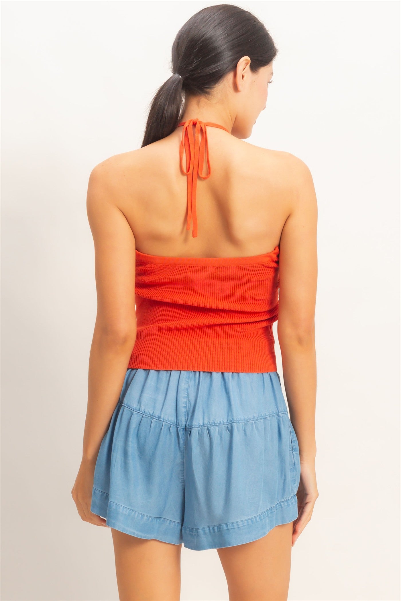 Wholesale Ribbed Halter Top With Twist Clothing Tops HF26A299 ORANGE RED HYFVE