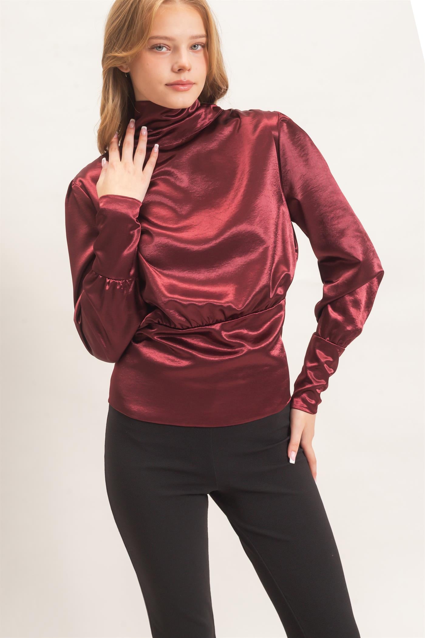 Wholesale Satin Cowl Back Blouse Blouses HF26F113 WINE HYFVE