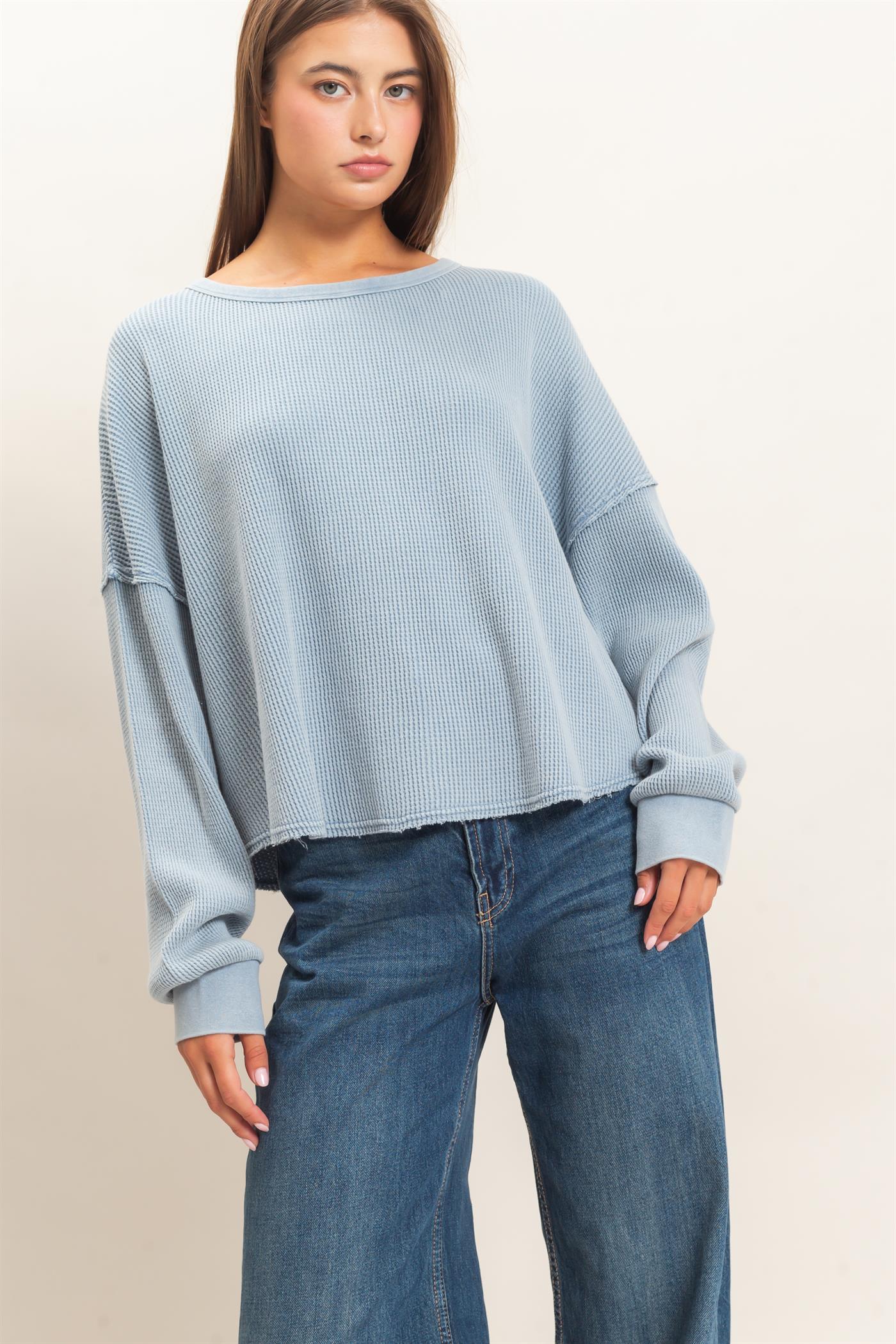 Wholesale Mineral Wash Waffle Oversized Top Clothing Tops DZ26E248 DUSTY BLUE DOUBLE ZERO