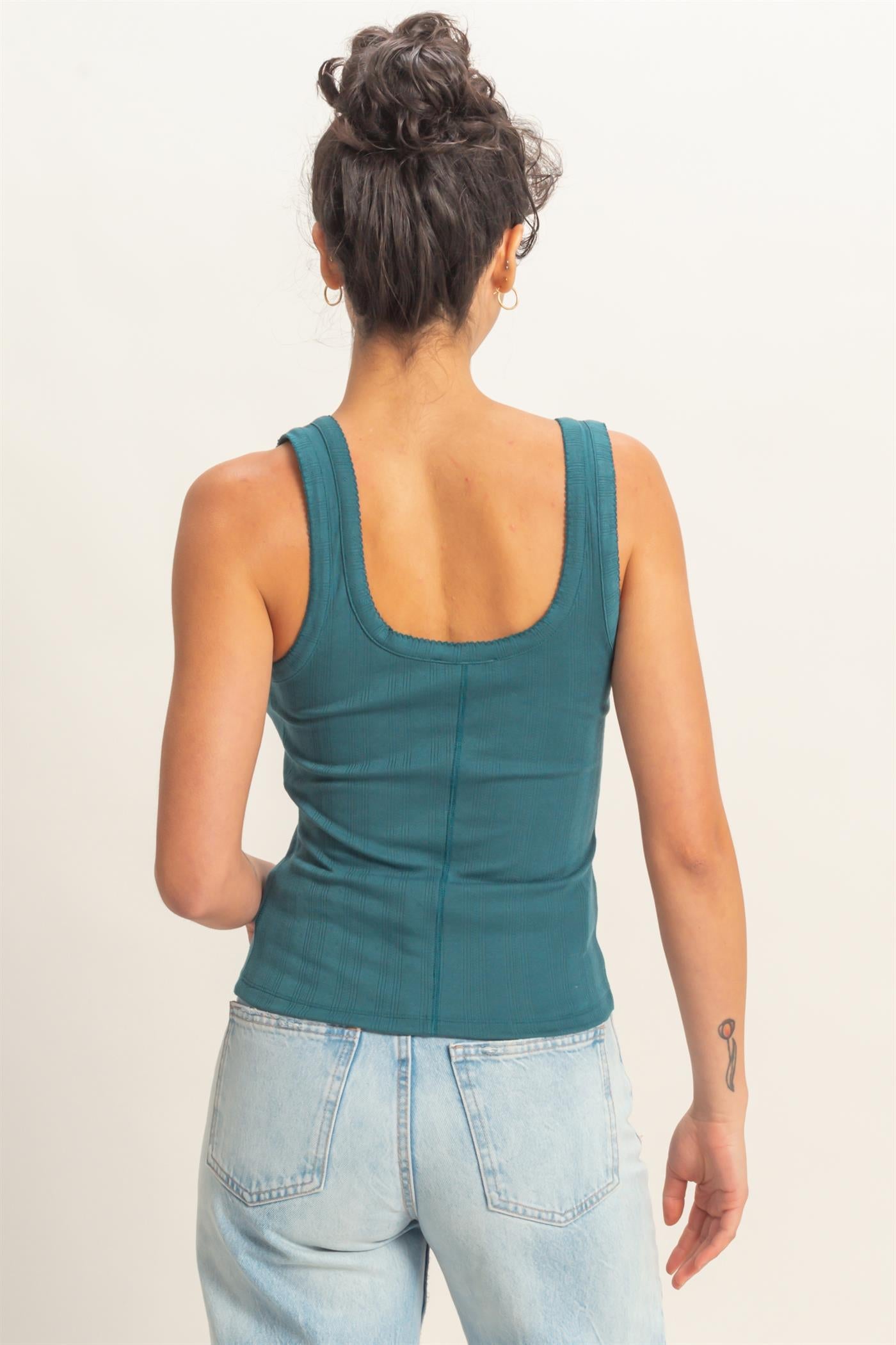 Wholesale Pointelle Button Front Scoop Neck Tank Top Tank Tops DZ26A775 DARK TEAL DOUBLE ZERO