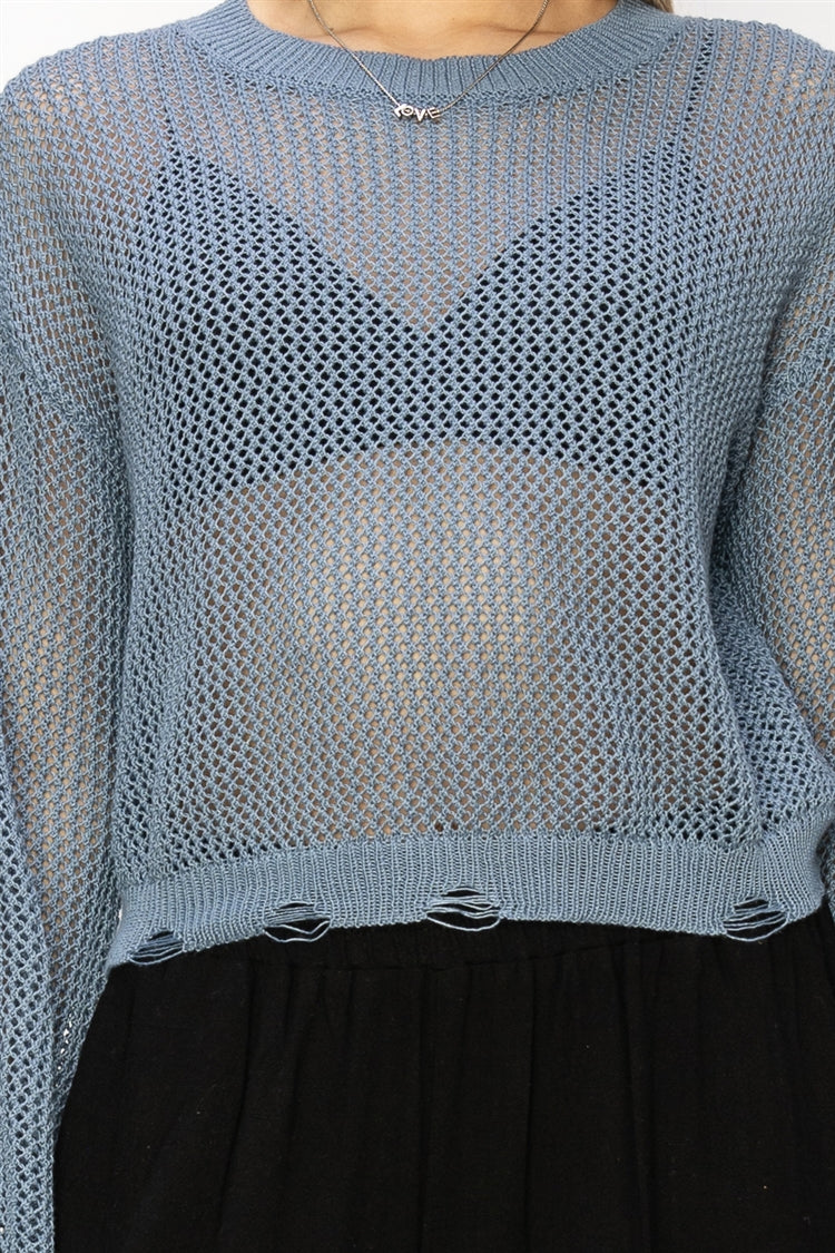 Wholesale Distressed Knit Sweater Clothing Tops DZ24C038 GRAY BLUE DOUBLE ZERO
