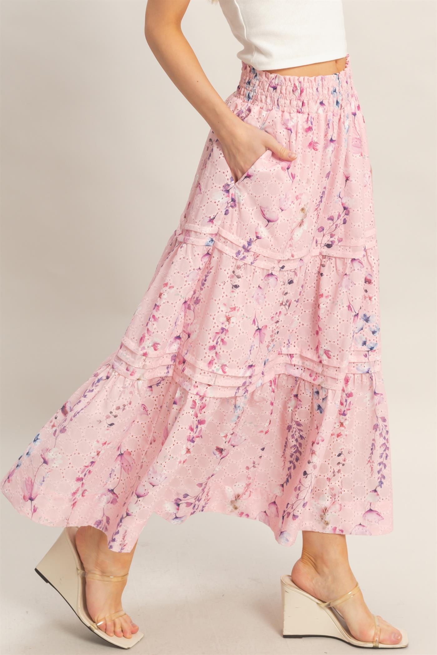 Wholesale Floral Smocked Waist Skirt Skirts HF26A361-D PINK HYFVE