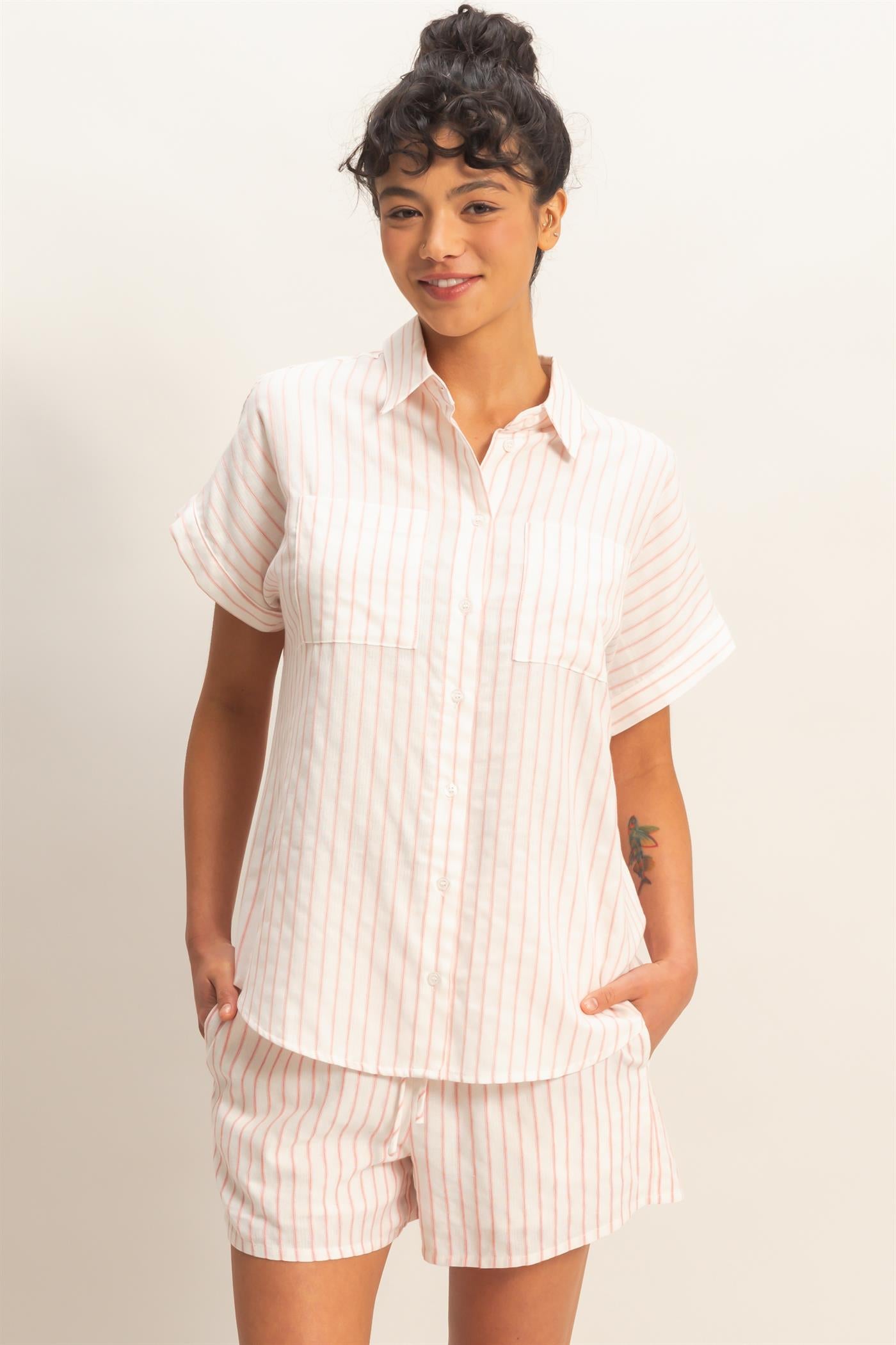 Wholesale Striped Button-Up Dolman Sleeve Shirt Shirts DZ26A207 PINK DOUBLE ZERO