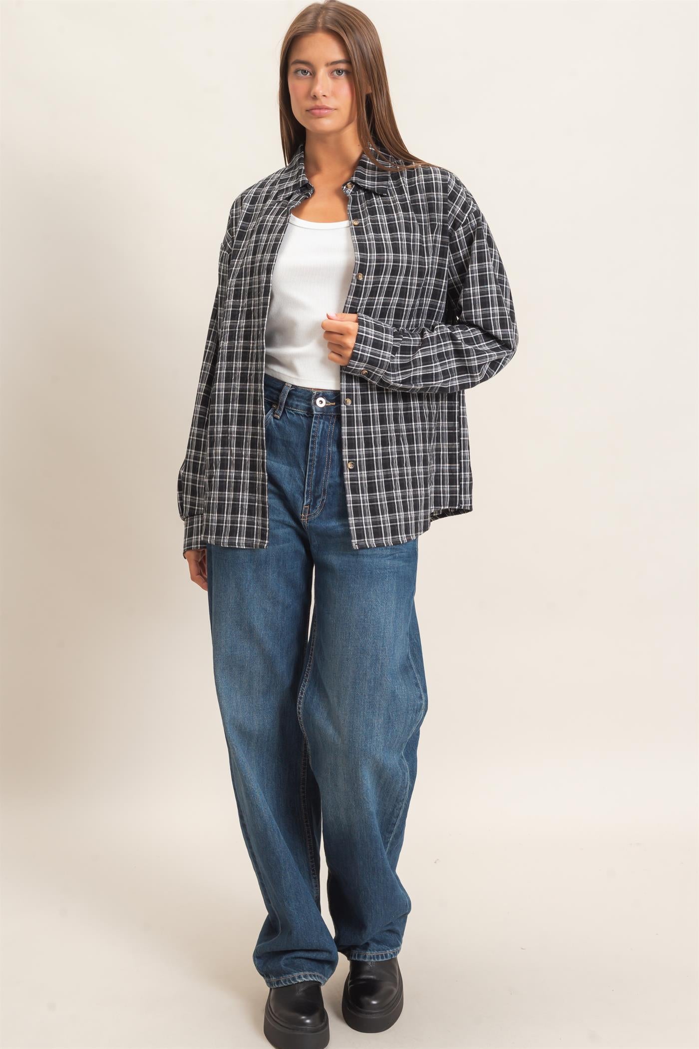 Wholesale Plaid Oversized Shirt Shirts DZ26F062 BLACK DOUBLE ZERO