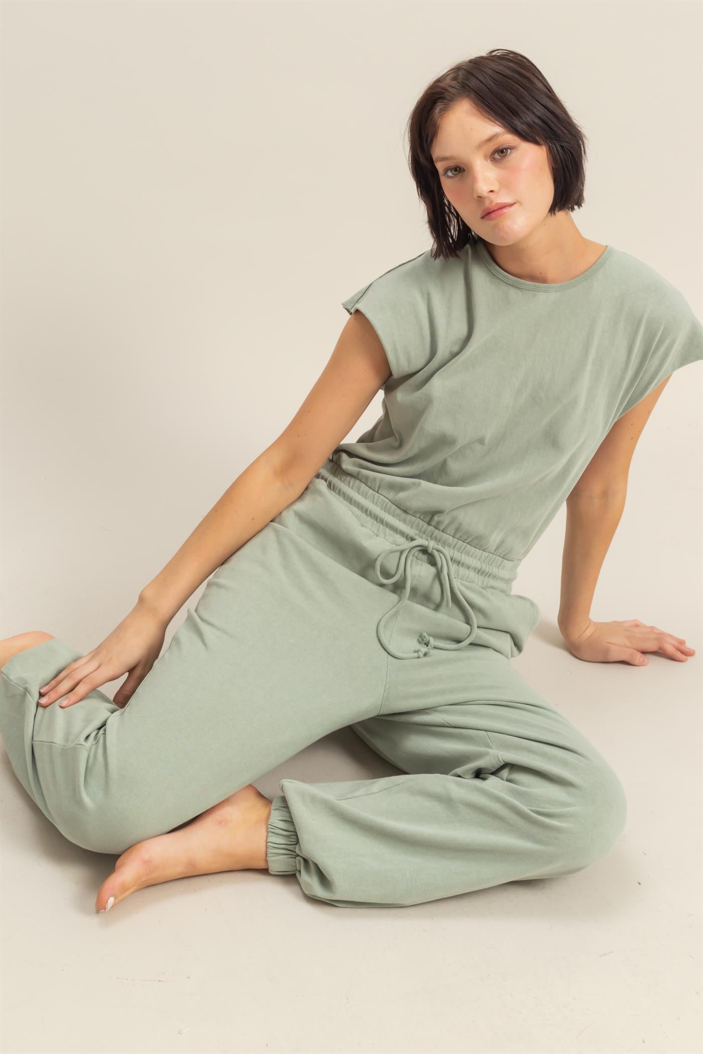 Wholesale Short Sleeve Casual Jumpsuit Clothing DZ24C619 SAGE GREEN DOUBLE ZERO