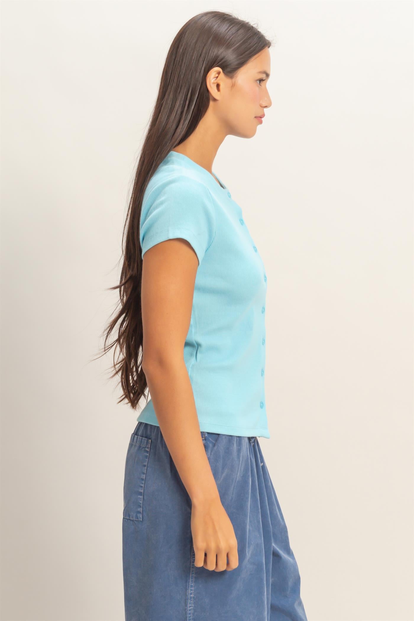 Wholesale Ribbed Button-Front Crew Neck Top Clothing Tops DZ26A727 BLUE DOUBLE ZERO