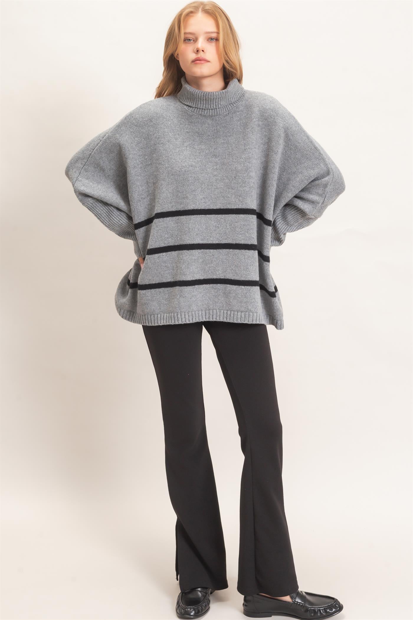 Wholesale Striped Turtleneck Poncho Sweater Sweaters HF26F194 HEATHER GRAY HYFVE