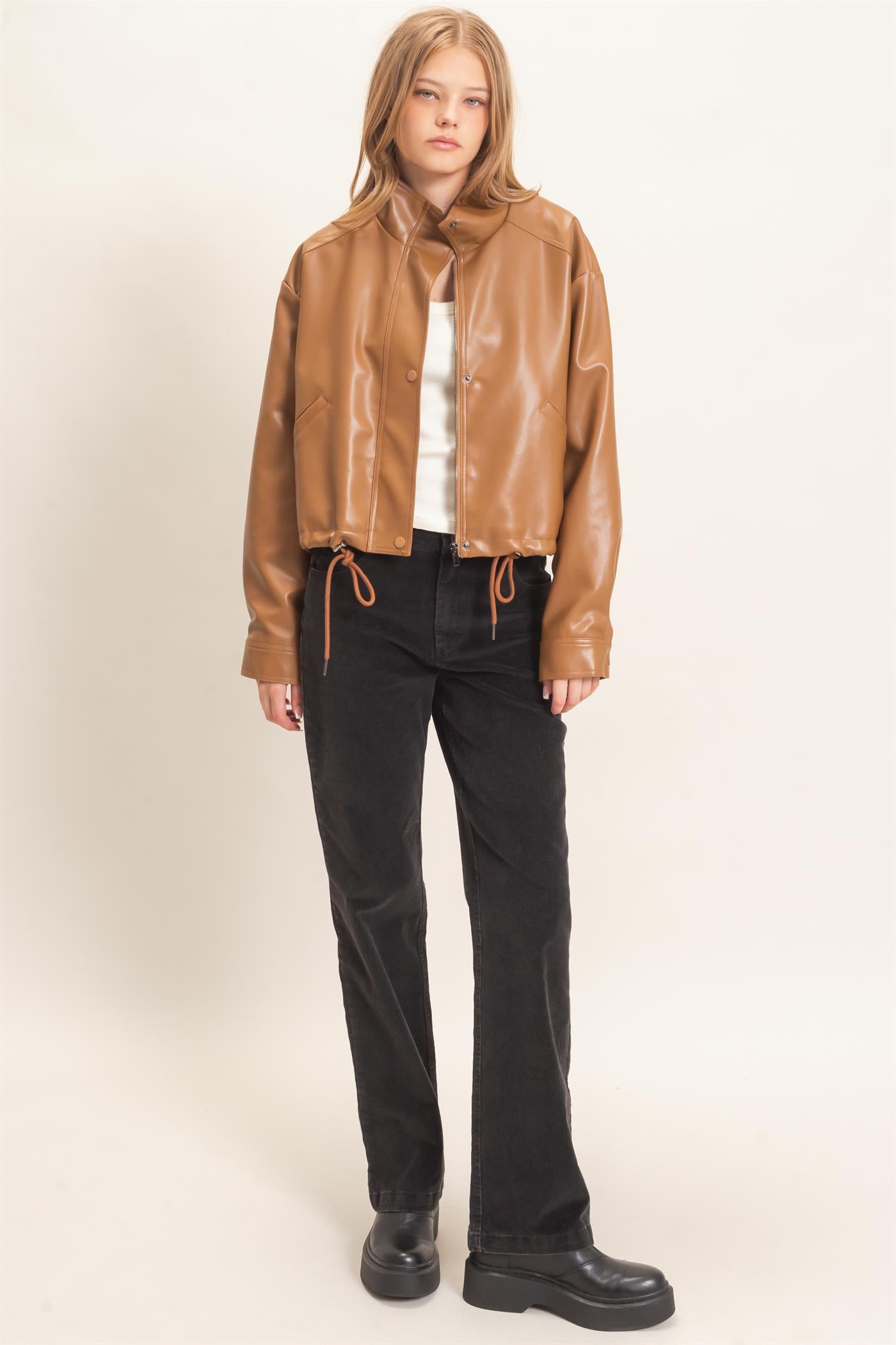 Wholesale Faux Leather Jacket With Stand Collar Bomber Jackets HF25F452 BROWN HYFVE
