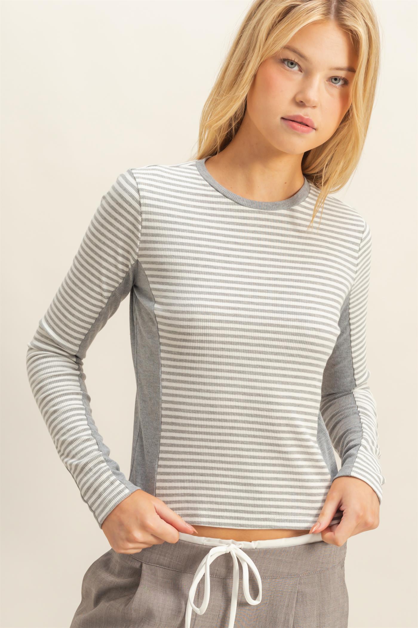 Wholesale Striped Long Sleeve Knit Top T-Shirts HF25F067 GRAY HYFVE