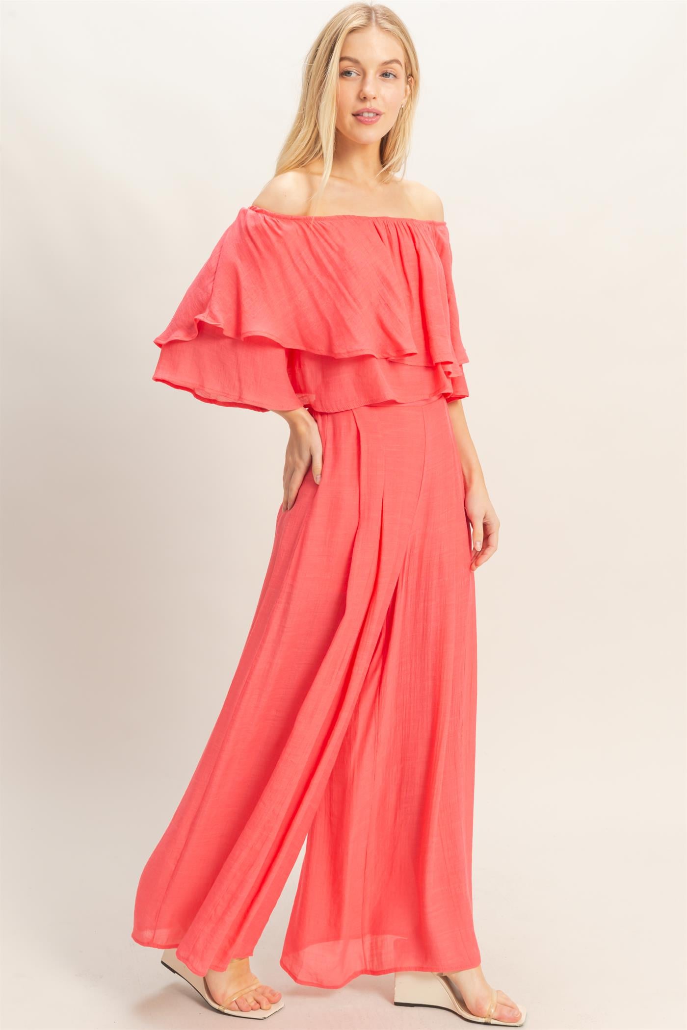 Wholesale Off Shoulder Top & Pleated Pant Set Clothing HF26C291-SET-D CORAL RED HYFVE