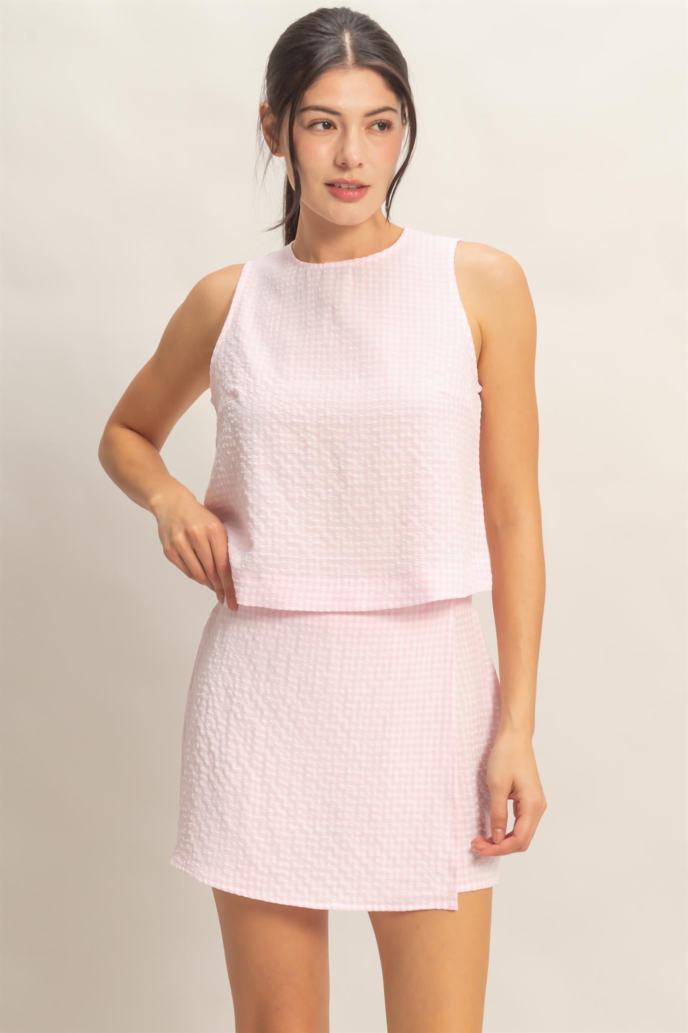 Wholesale Gingham Checkered Sleeveless Top And Skort Set Clothing DZ26C688-SET PINK DOUBLE ZERO