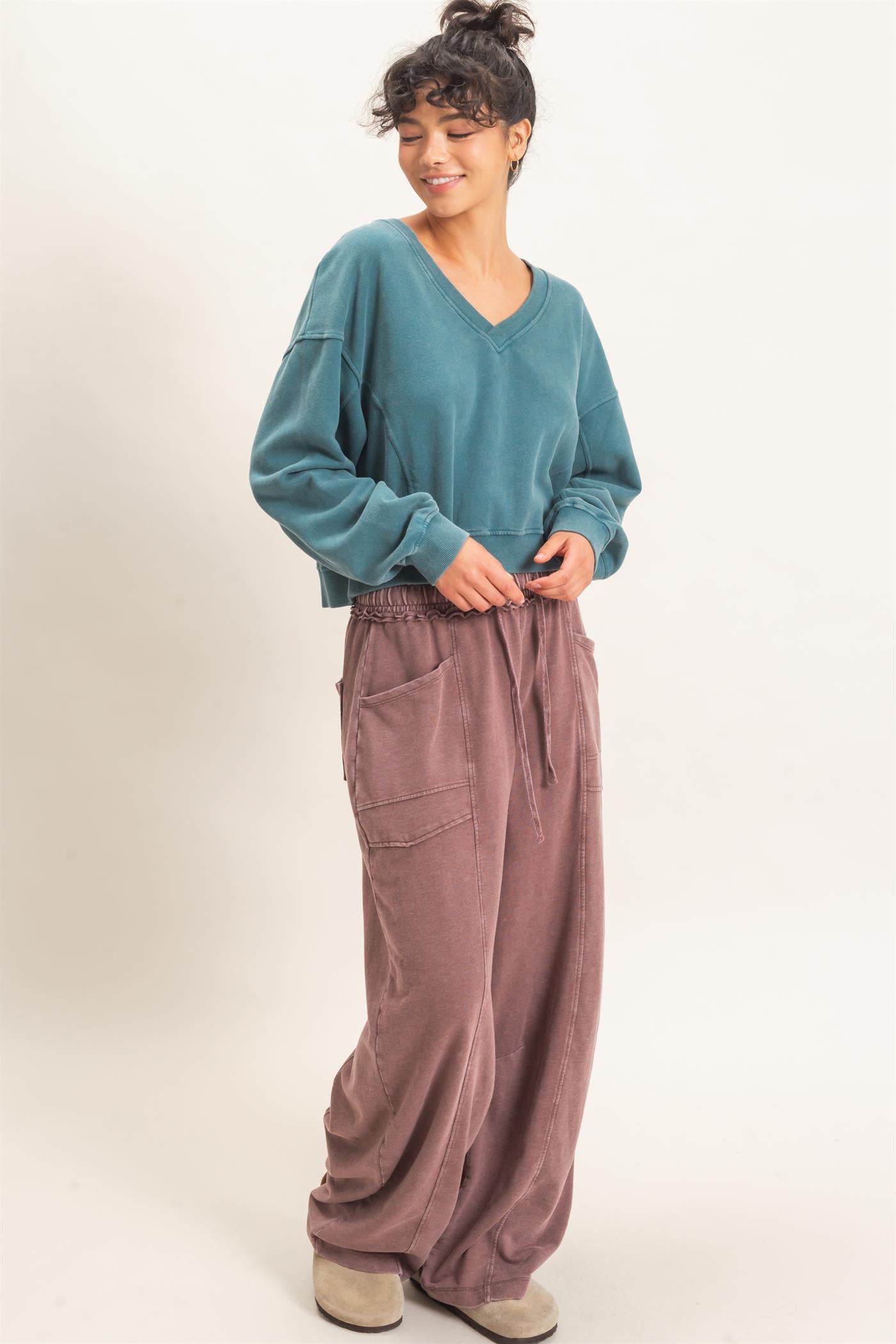 Wholesale Snow Wash V-Neck Sweatshirt Sweatshirts DZ26C844 DARK TEAL DOUBLE ZERO