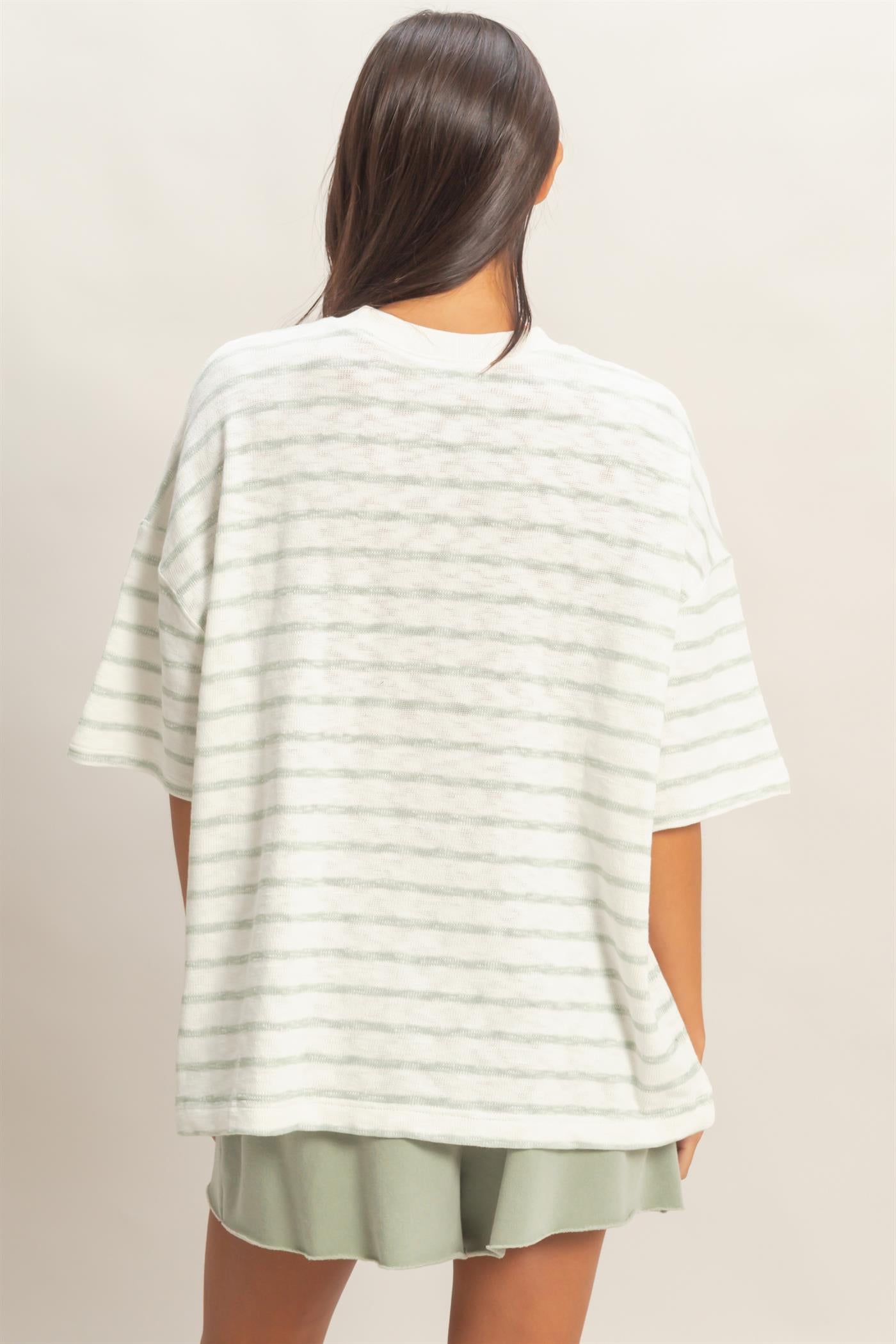 Wholesale Oversized Striped V-Stitch Short Sleeve Top Clothing Tops DZ26A455 SAGE GREEN DOUBLE ZERO