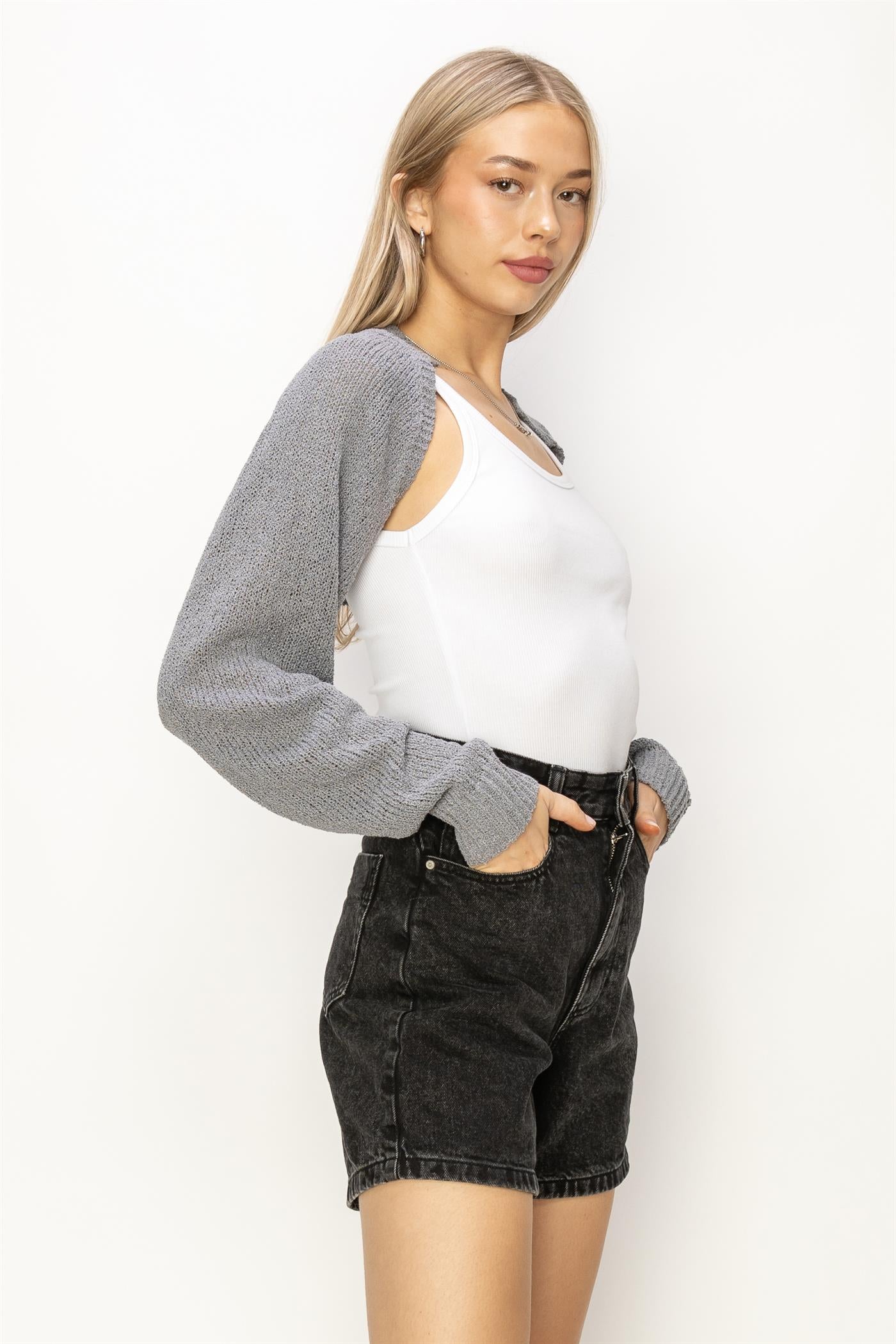Wholesale Essential Long Sleeve Knit Bolero Clothing Tops DZ24C131 GRAY DOUBLE ZERO