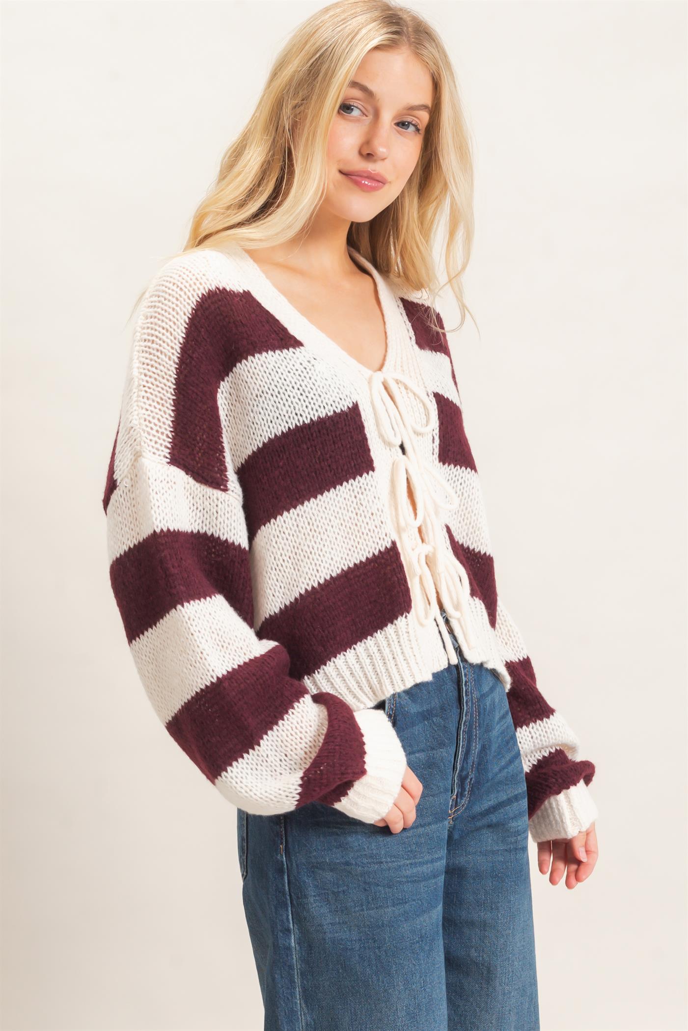 Wholesale Striped V-Neck Sweater Cardigan Cardigans HF26E959 MERLOT HYFVE