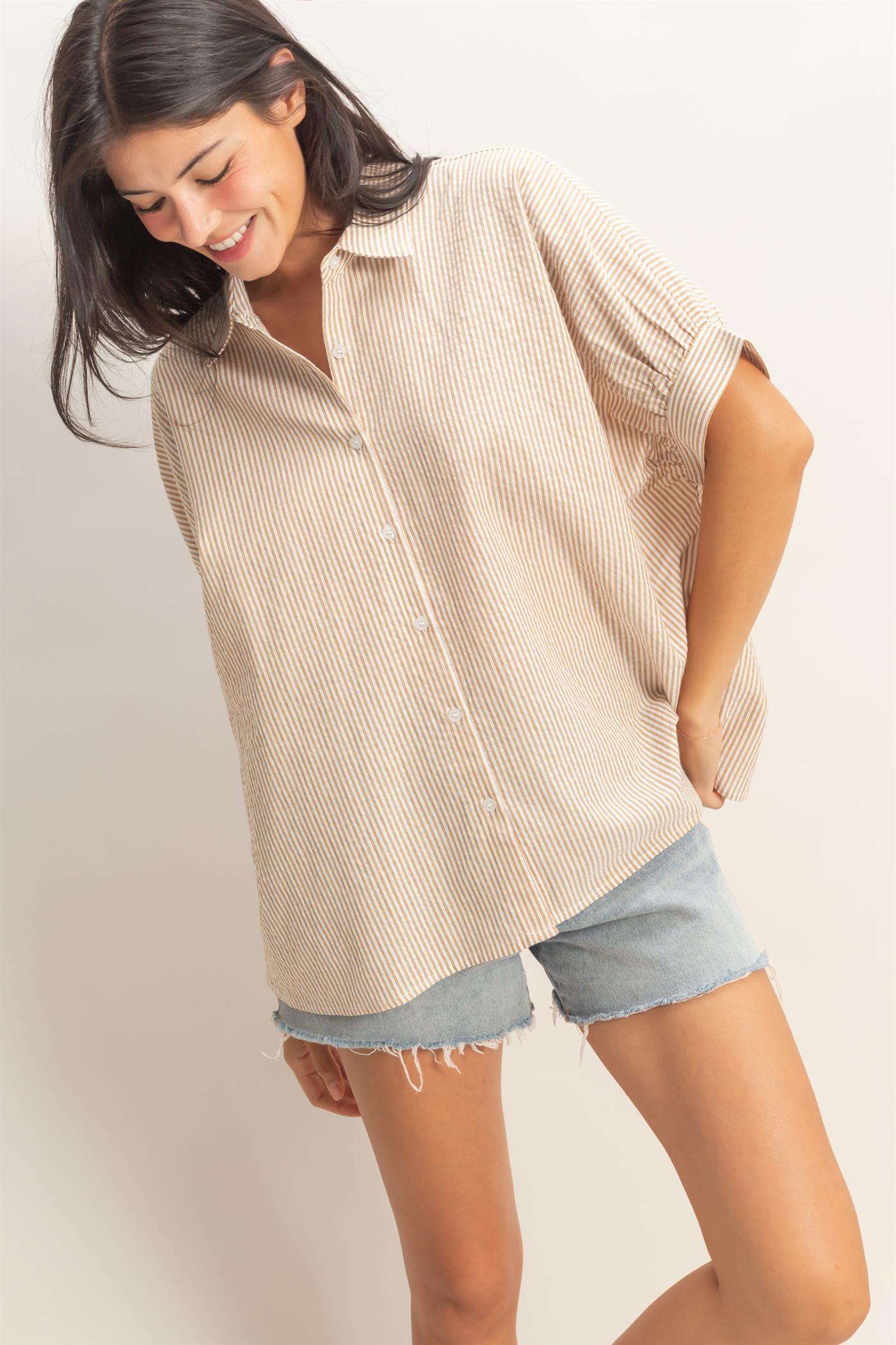 Wholesale Striped Short Sleeve Button-Front Blouse T-Shirts DZ26C276 TAUPE DOUBLE ZERO