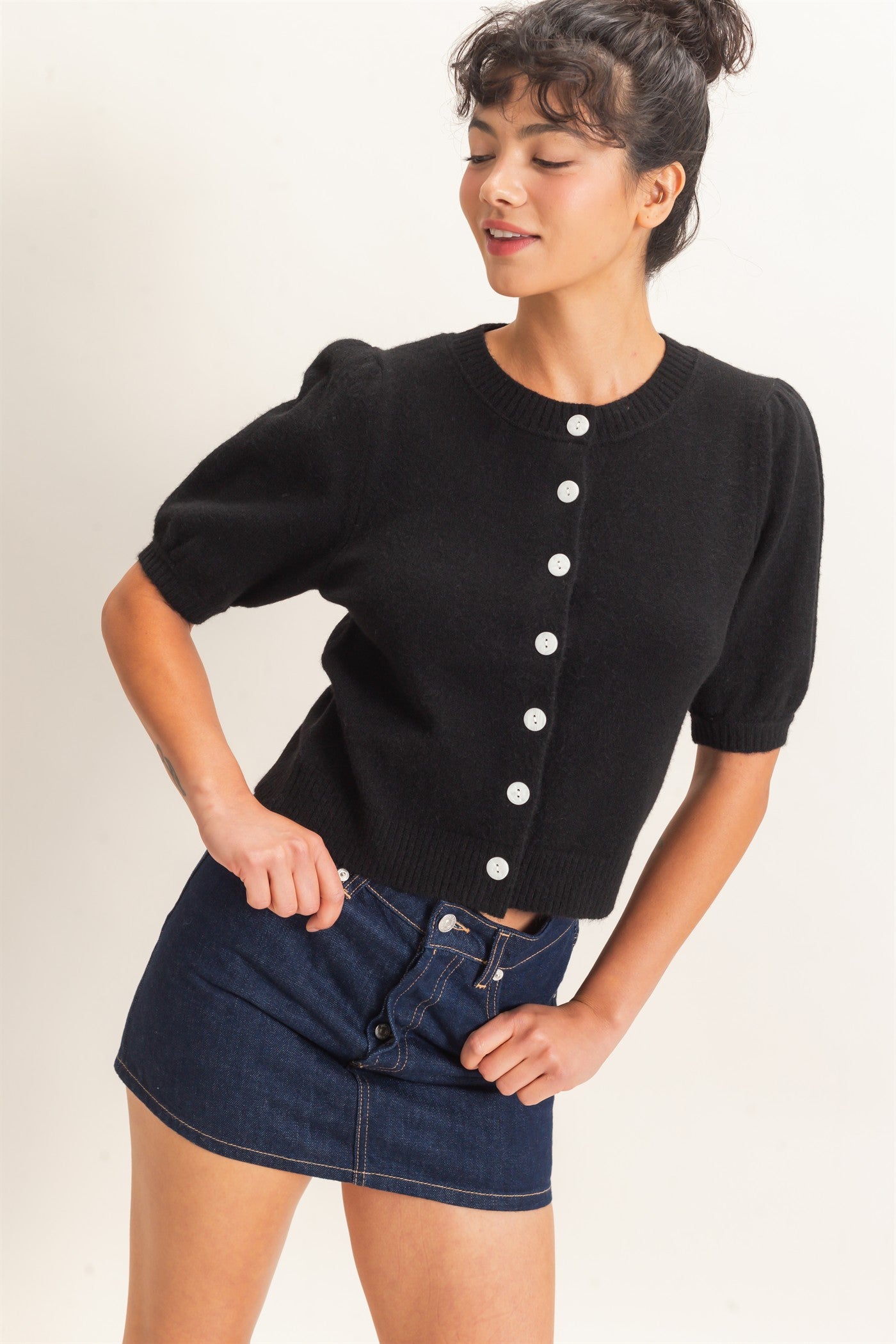 Wholesale Button Front Puff Short Sleeve Cardigan Cardigans DZ26C960 BLACK DOUBLE ZERO