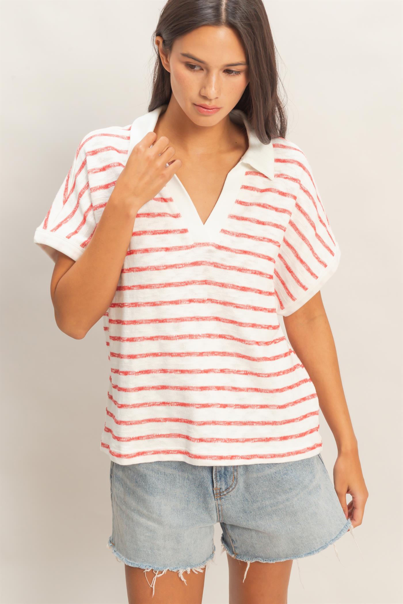 Wholesale Striped Dolman Sleeve V-Neck Collared Top Clothing Tops DZ26A452 RED DOUBLE ZERO
