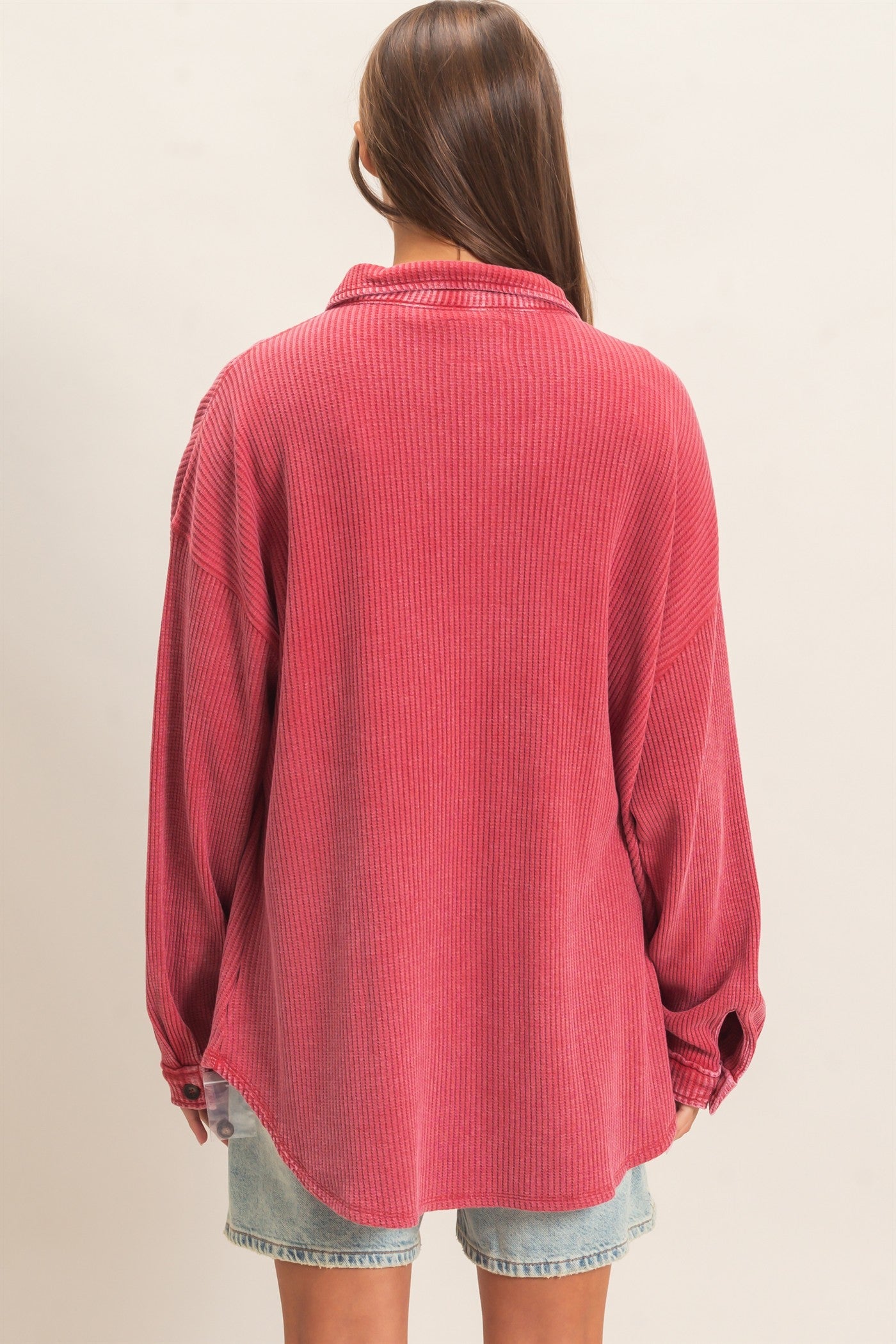 Wholesale Mineral Wash Waffle Knit Button-Up Shacket Coats & Jackets DZ26E249 DARK RED DOUBLE ZERO