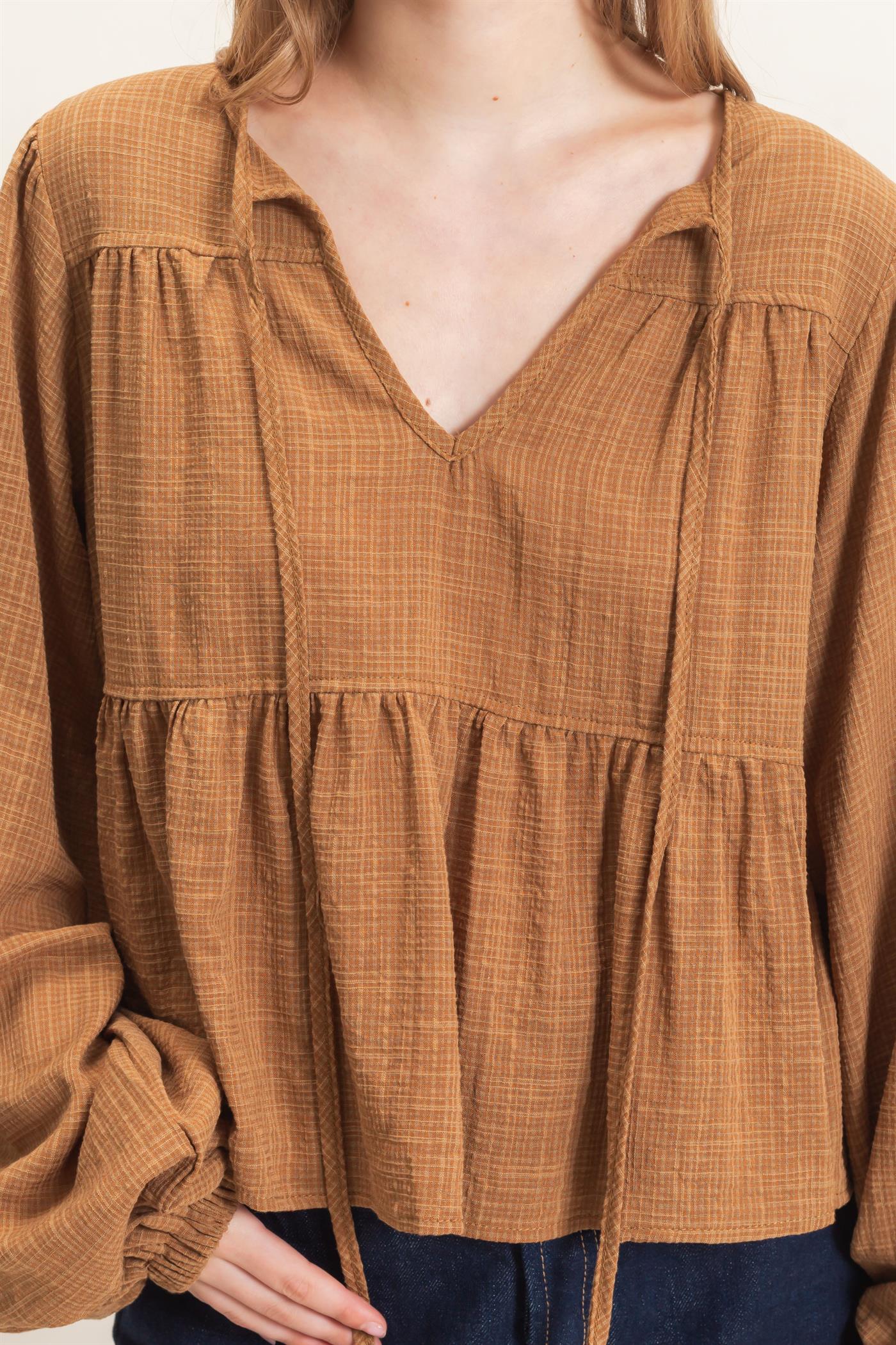 Wholesale Tie Front Peplum Blouse Blouses HF26F065 BROWN HYFVE