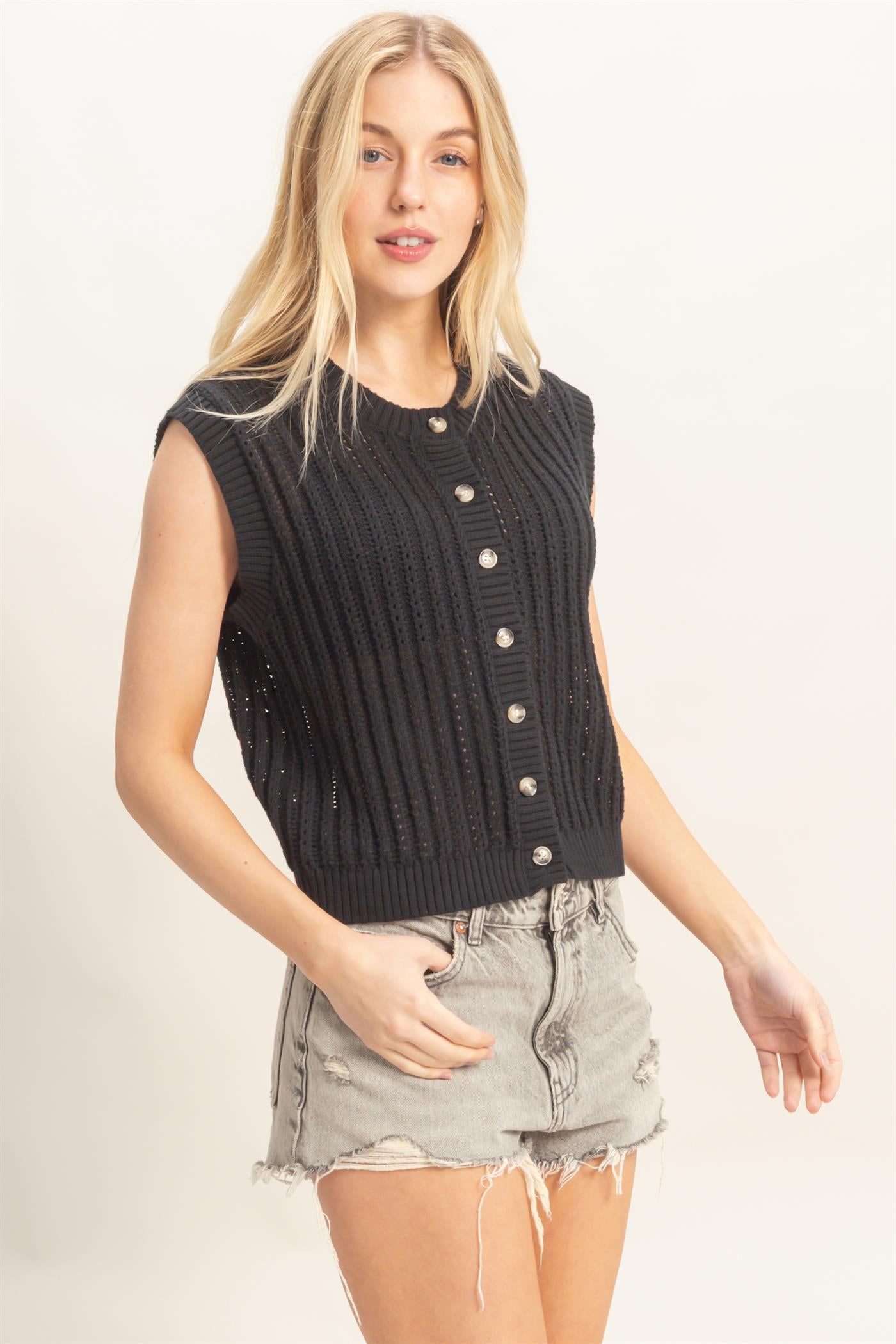Wholesale Sleeveless Ribbed Button Top Sweaters HF26A356 BLACK HYFVE