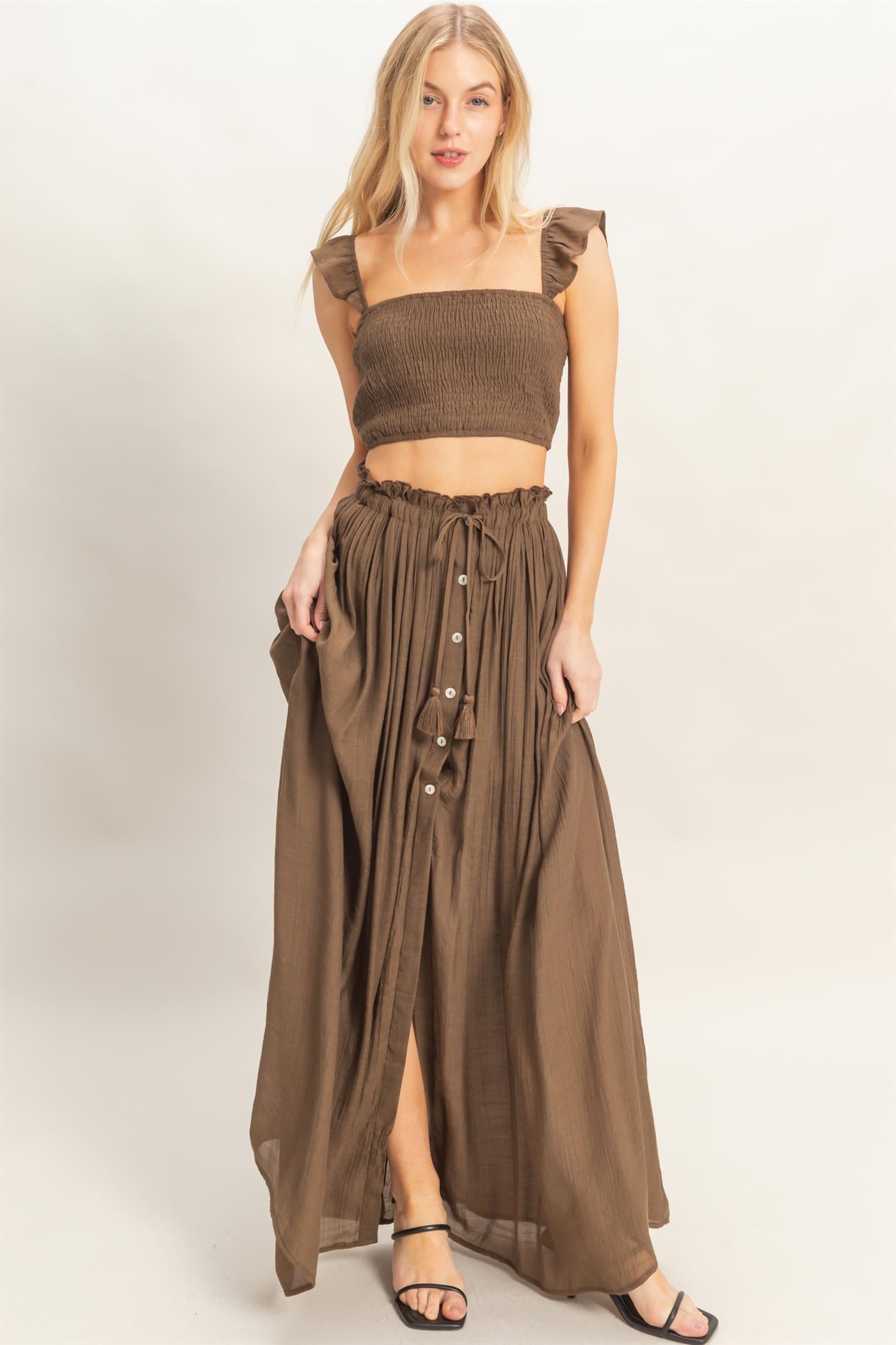 Wholesale Smocked Top & Maxi Skirt Set Clothing HF26C292-SET-D CHOCOLATE HYFVE