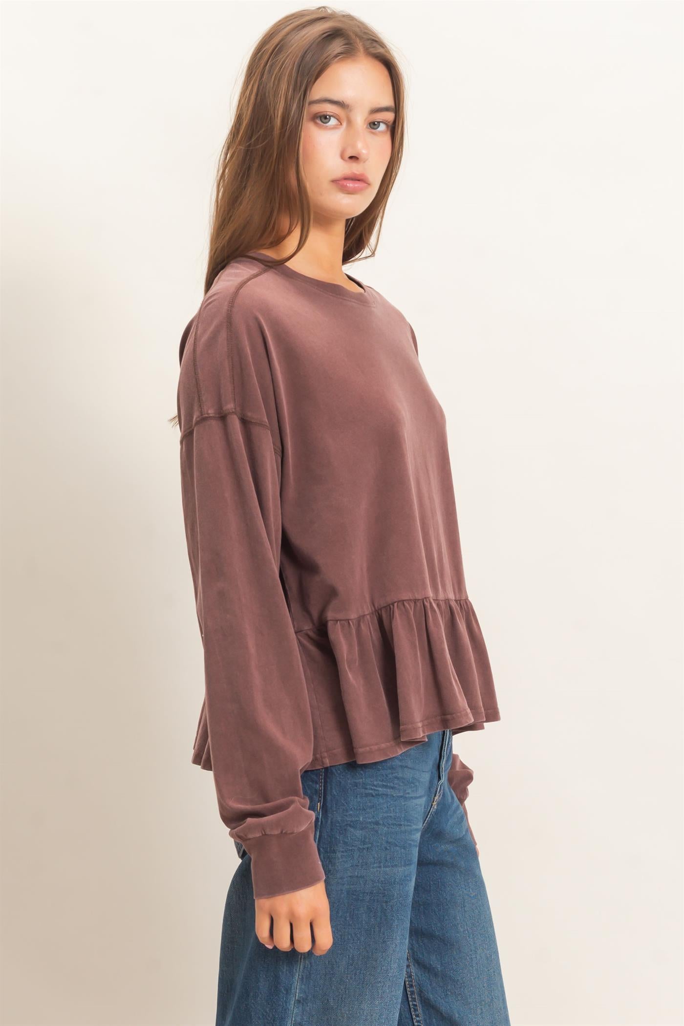 Wholesale Peplum Long Sleeve Top Clothing Tops DZ26F397 DARK BROWN DOUBLE ZERO