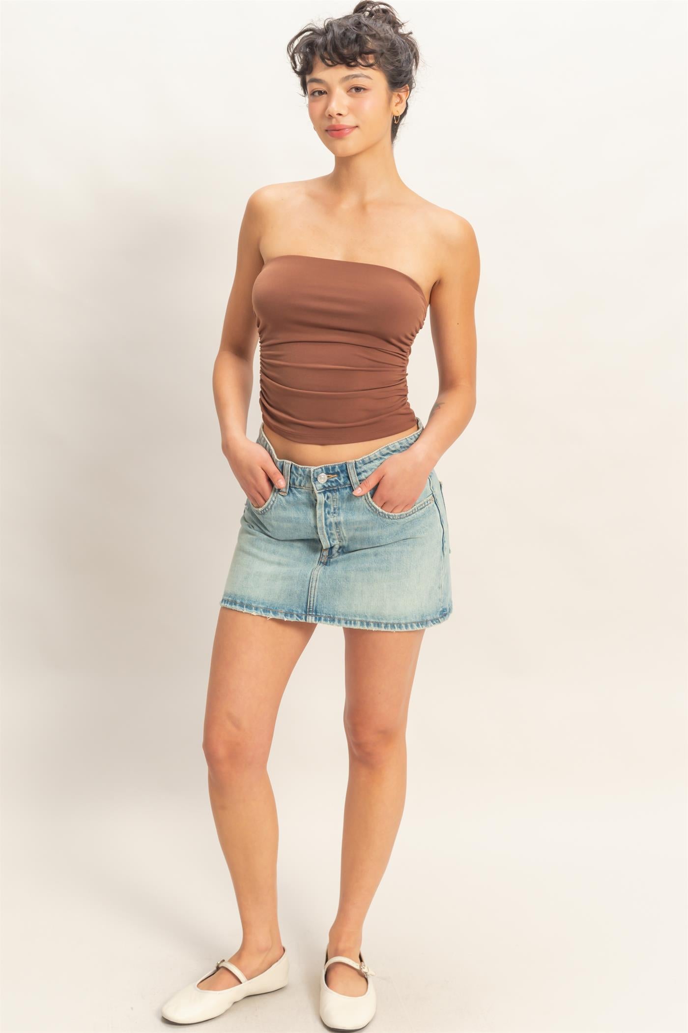 Wholesale Ruched Bandeau Top Clothing Tops DZ26C334 CHOCOLATE DOUBLE ZERO
