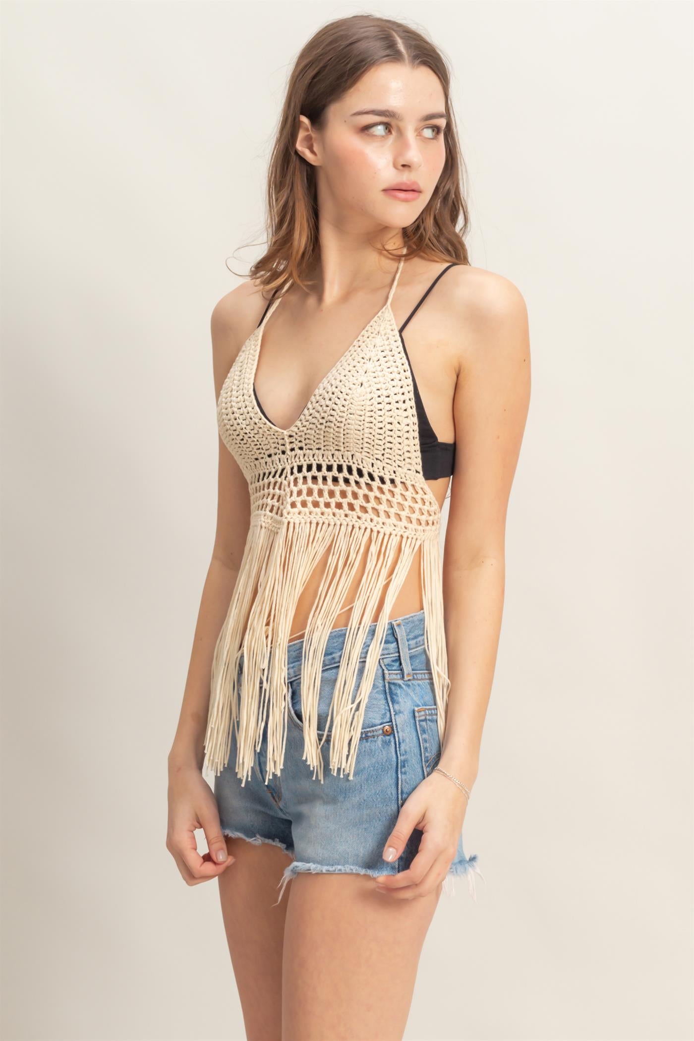 Wholesale Halter Crochet Fringe Detail Coverup Top Clothing Tops HF25A398 L.BUTTER HYFVE