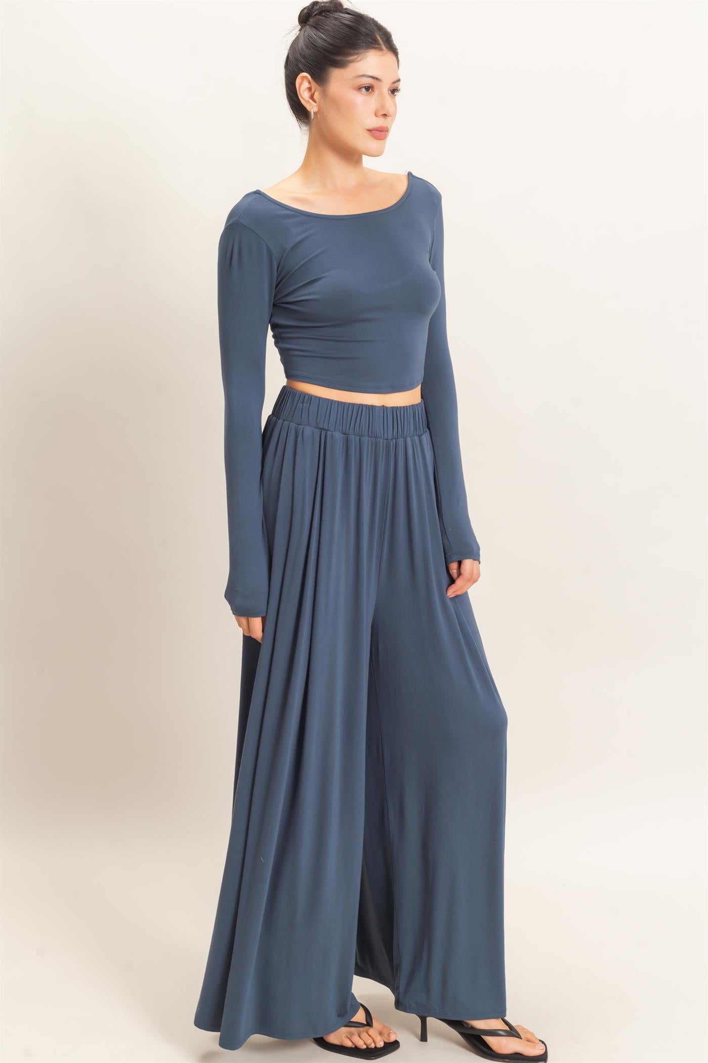 Wholesale Long Sleeve Top & Wide Leg Pants Set Clothing HF26F227-SET-D MIDNIGHT BLUE HYFVE