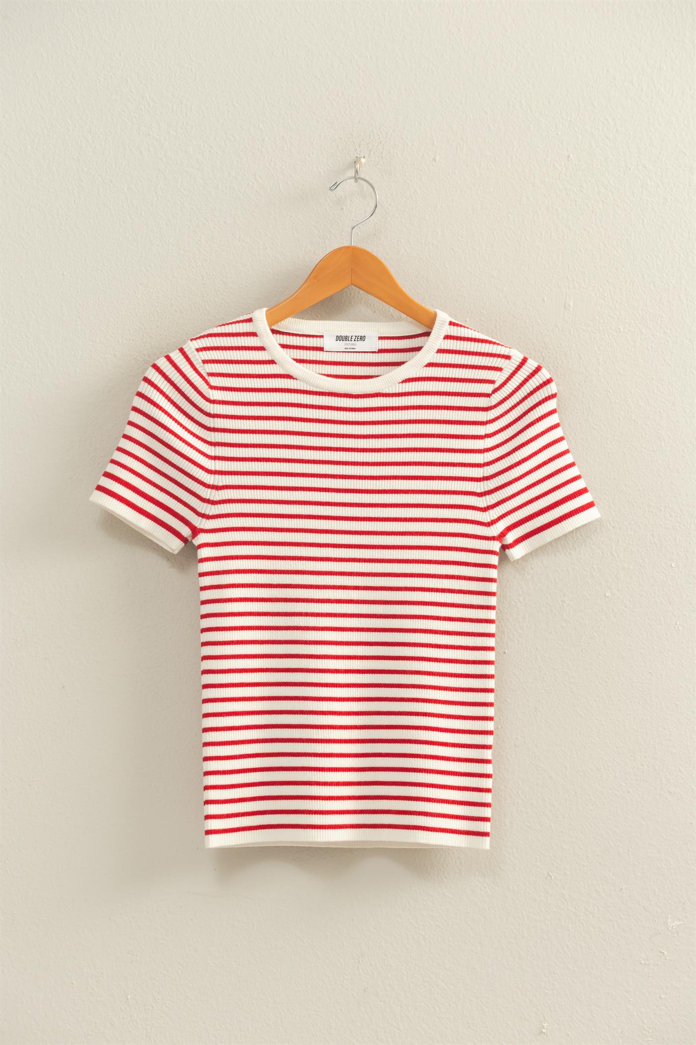 Wholesale Striped Ribbed Short Sleeve Crew Neck Knit Top Clothing Tops DZ26A450 RED DOUBLE ZERO