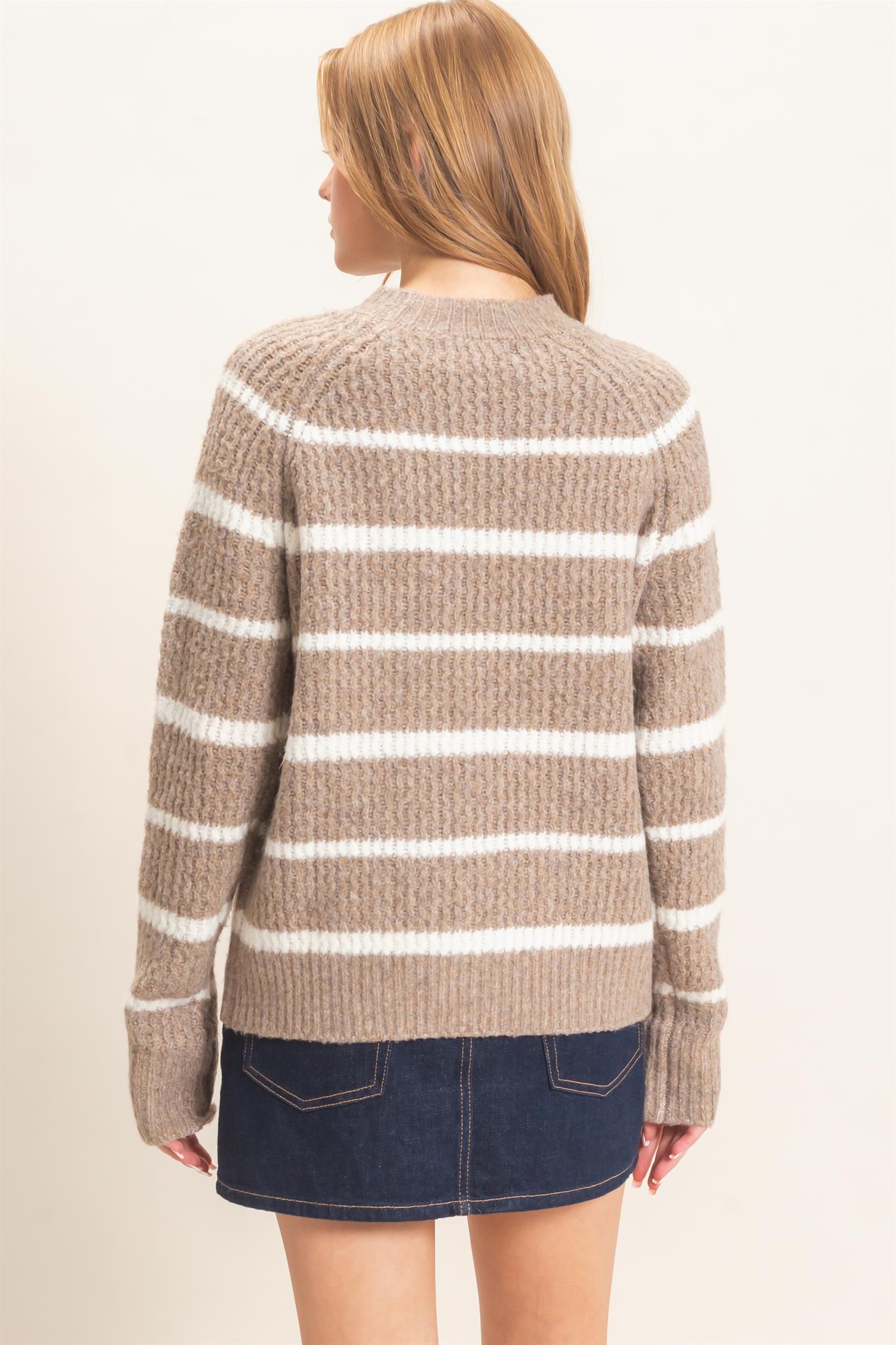 Wholesale Textured Striped Mock Neck Sweater Sweaters HF26E765 MOCHA HYFVE