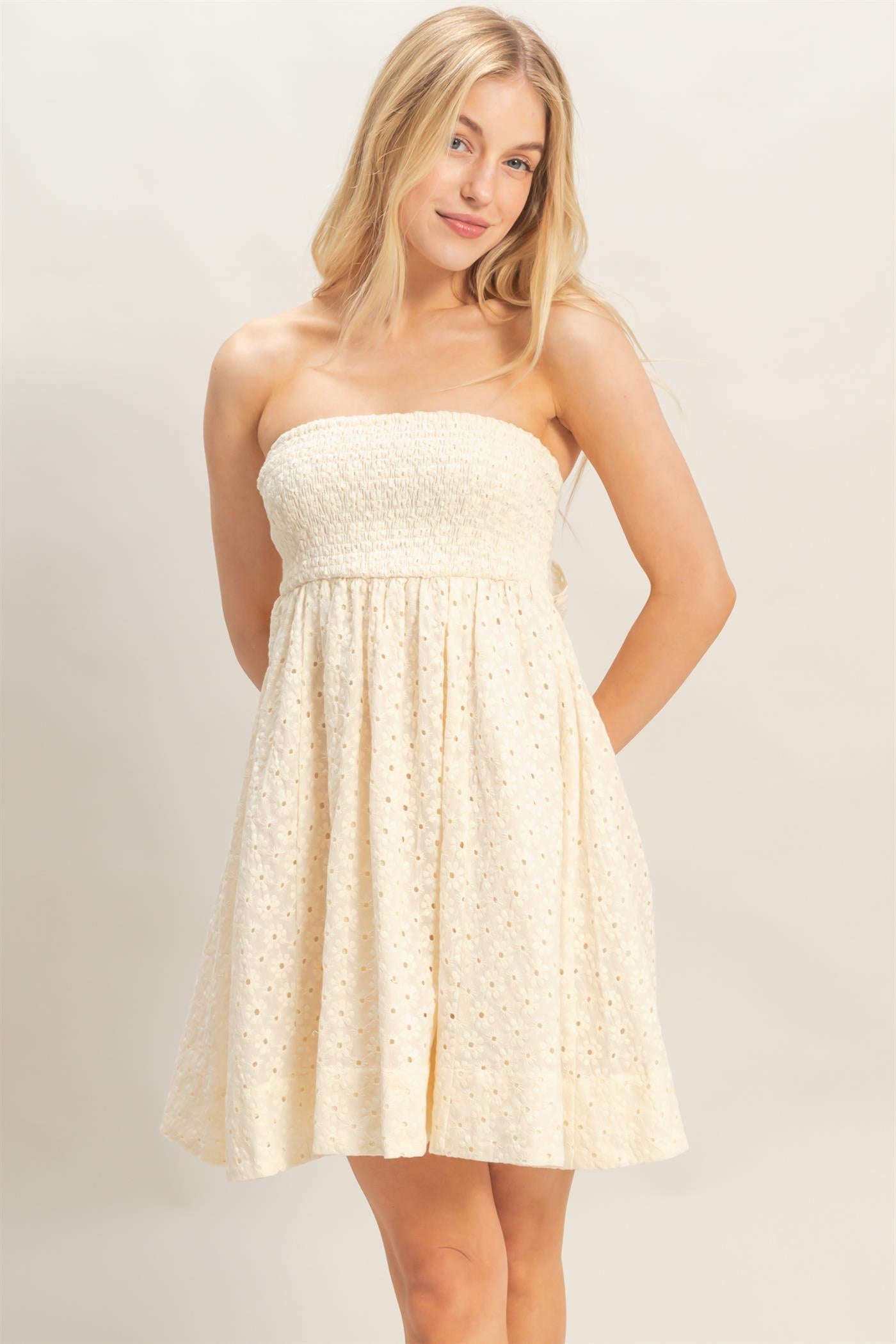 Wholesale Smocked Tube Top Dress Dresses HF26A246 CREAM HYFVE